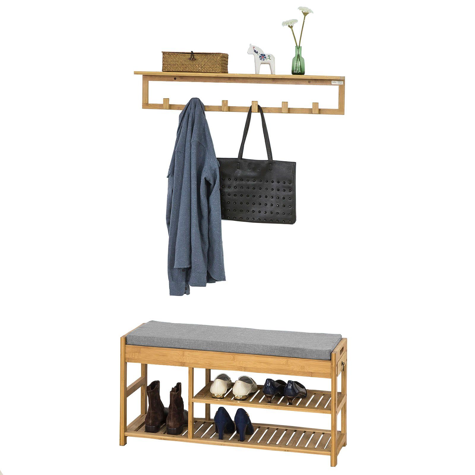 SoBuy Wandgarderobe FSR47-N+FHK06-N, Flurset Flurmöbel Schuhbank mit Sitzfläche Flurgarderobe