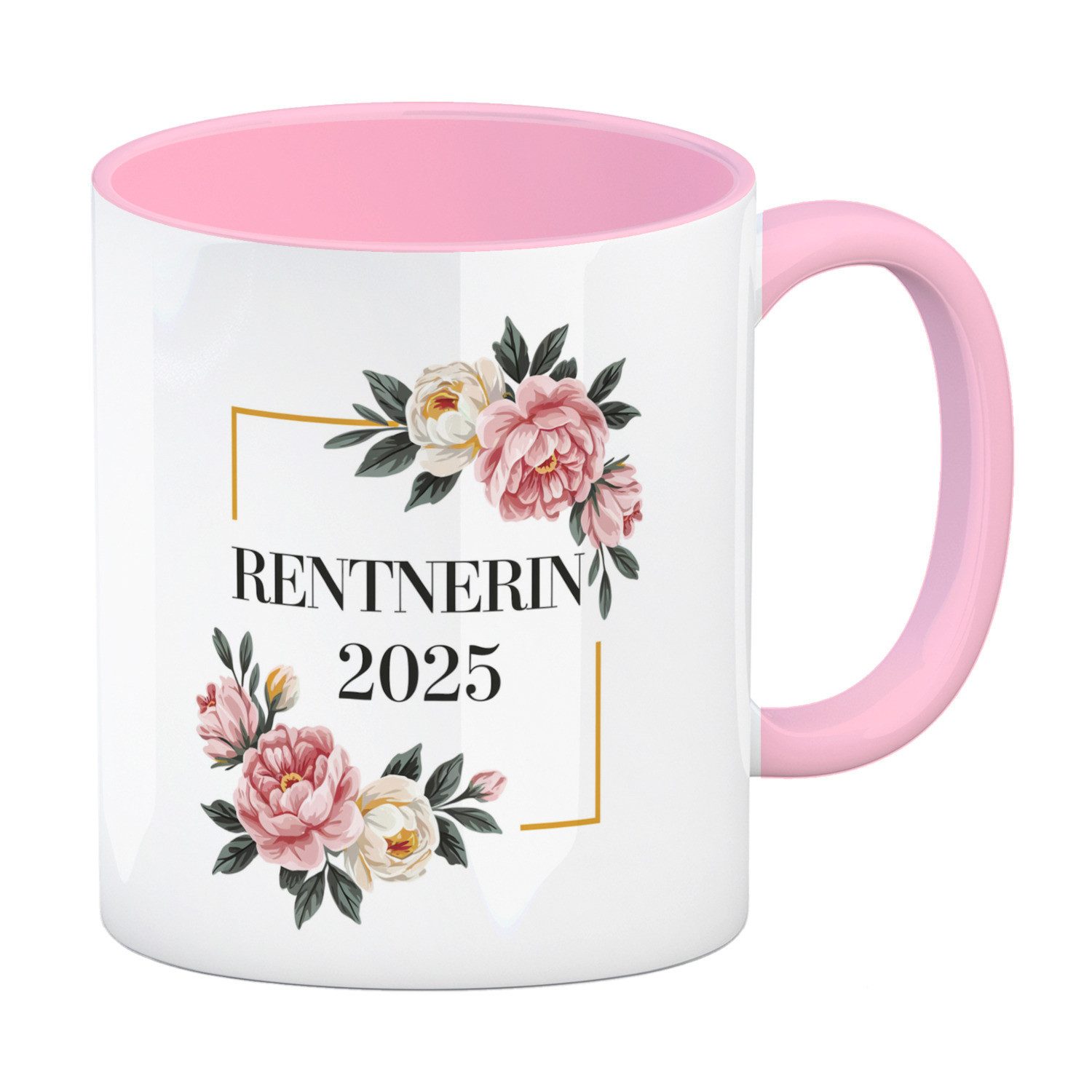 Tasse Rentnerin 2025 Blumen Kaffeebecher in rosa für den Ruhestand