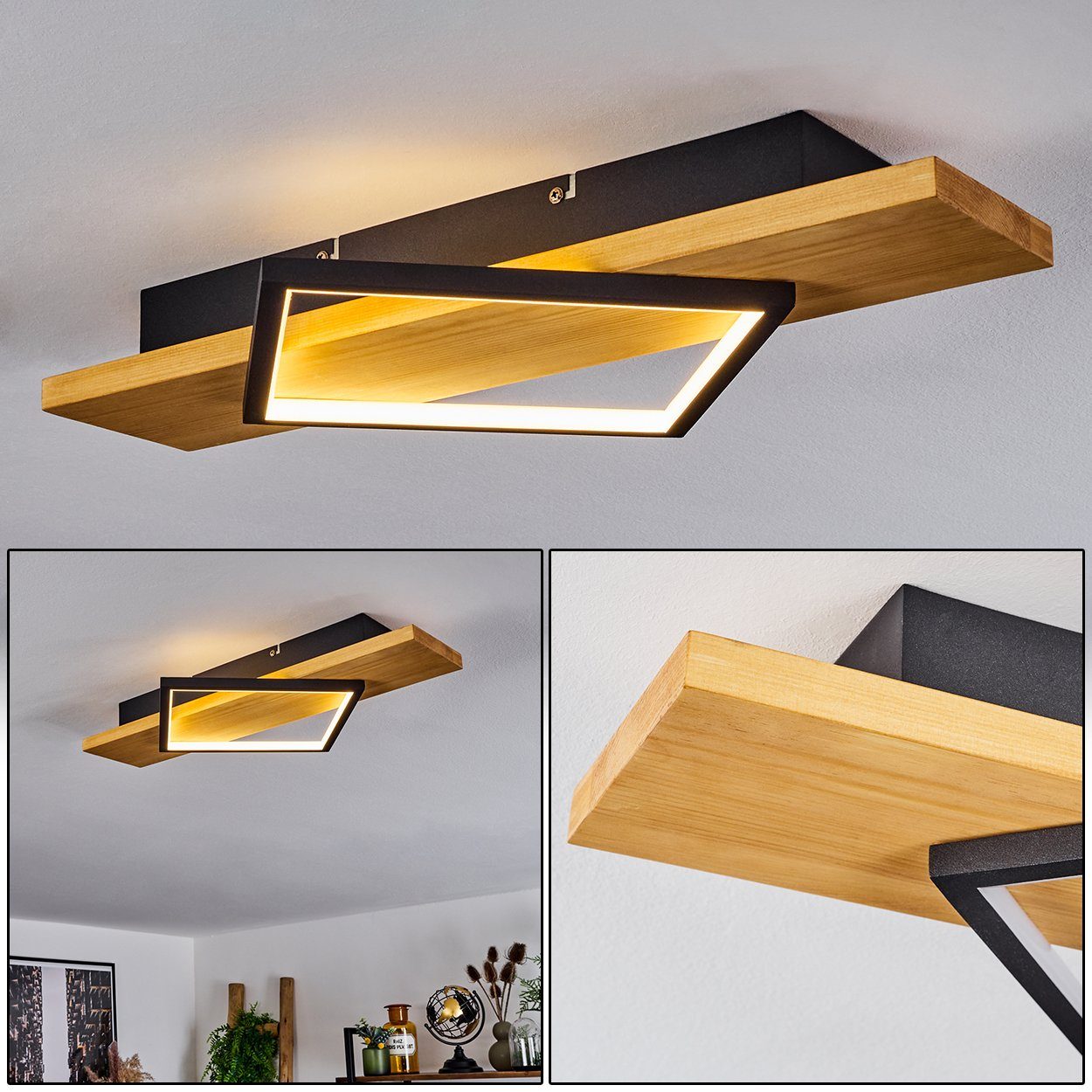 hofstein Deckenleuchte »Palermo« Deckenlampe aus Metall/Holz/Kunststoff in Schwarz/Natur/Weiß, 3000 Kelvin, eckige Leuchte mit Balken aus Echtholz, LED 22, 5 Watt, 2800 Lumen