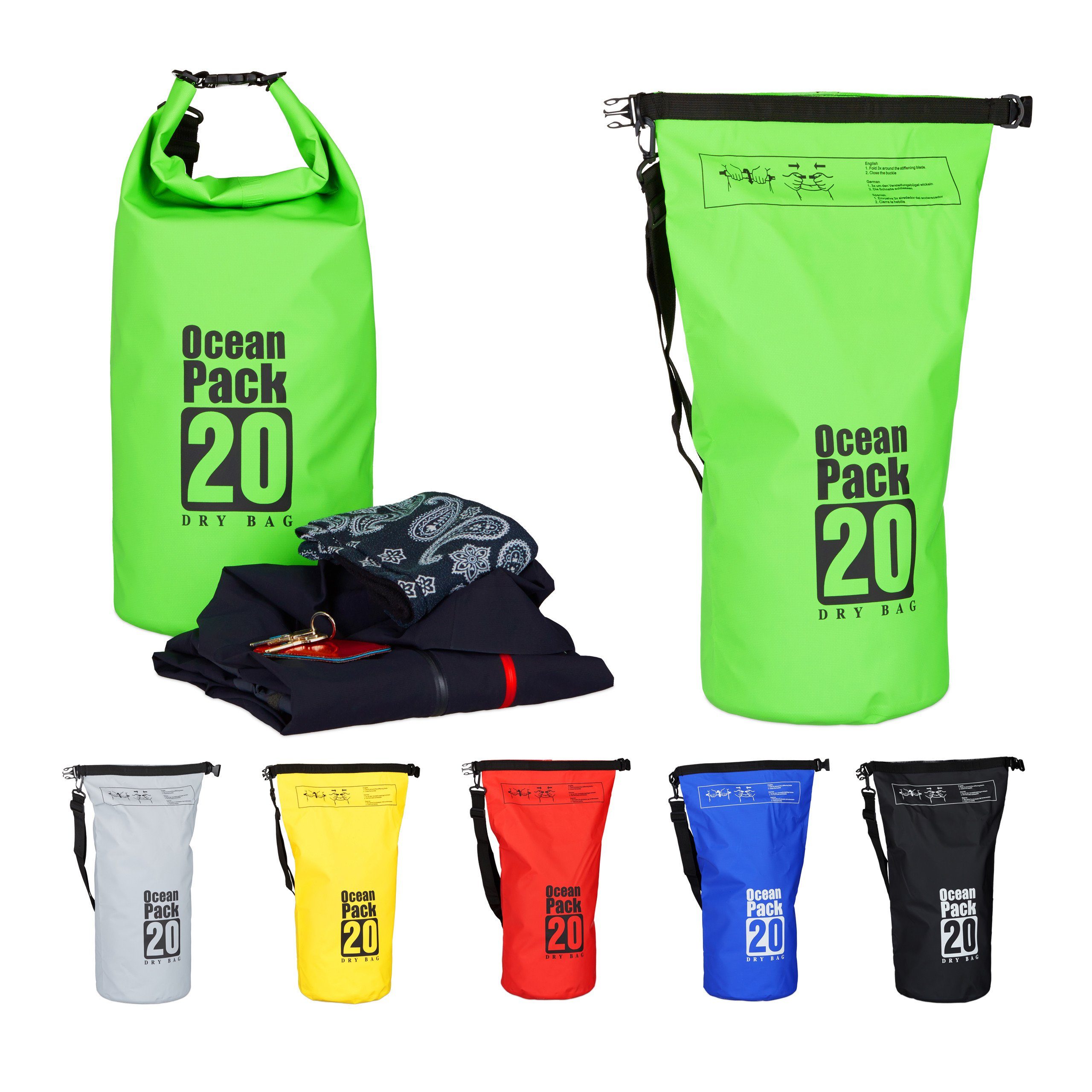 Schwarz Grün Packsack Grün 20L wasserdicht, Pack Ocean relaxdays