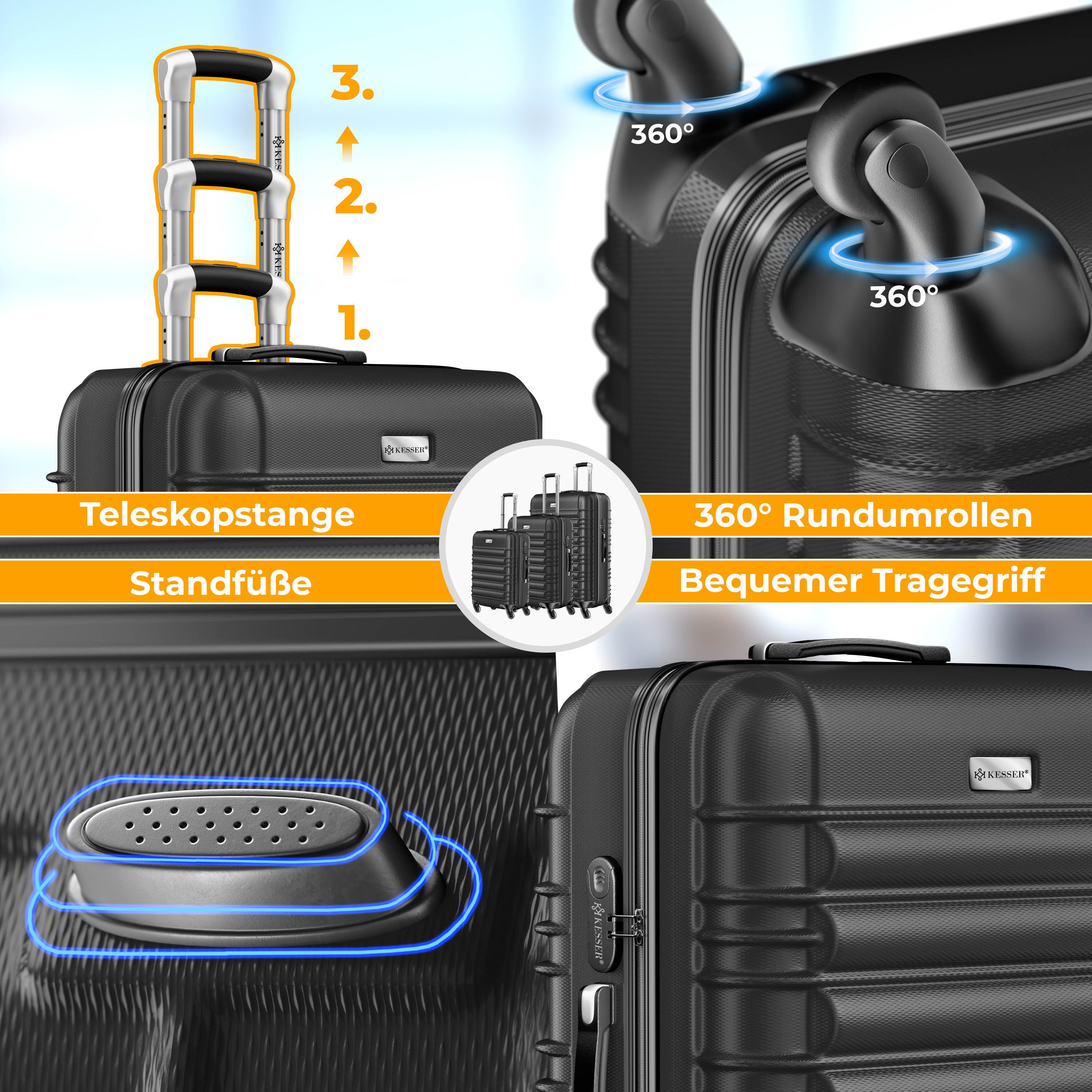 KESSER Hartschalen-Trolley Reisekoffer Handgepäck 55L Koffer Inkl. Kofferwaage + Gepäckanhänger, 4 Rollen, Rollkoffer ABS-Hartschale mit 4 Rollen, Zahlenschloss – Bild 5 von 5