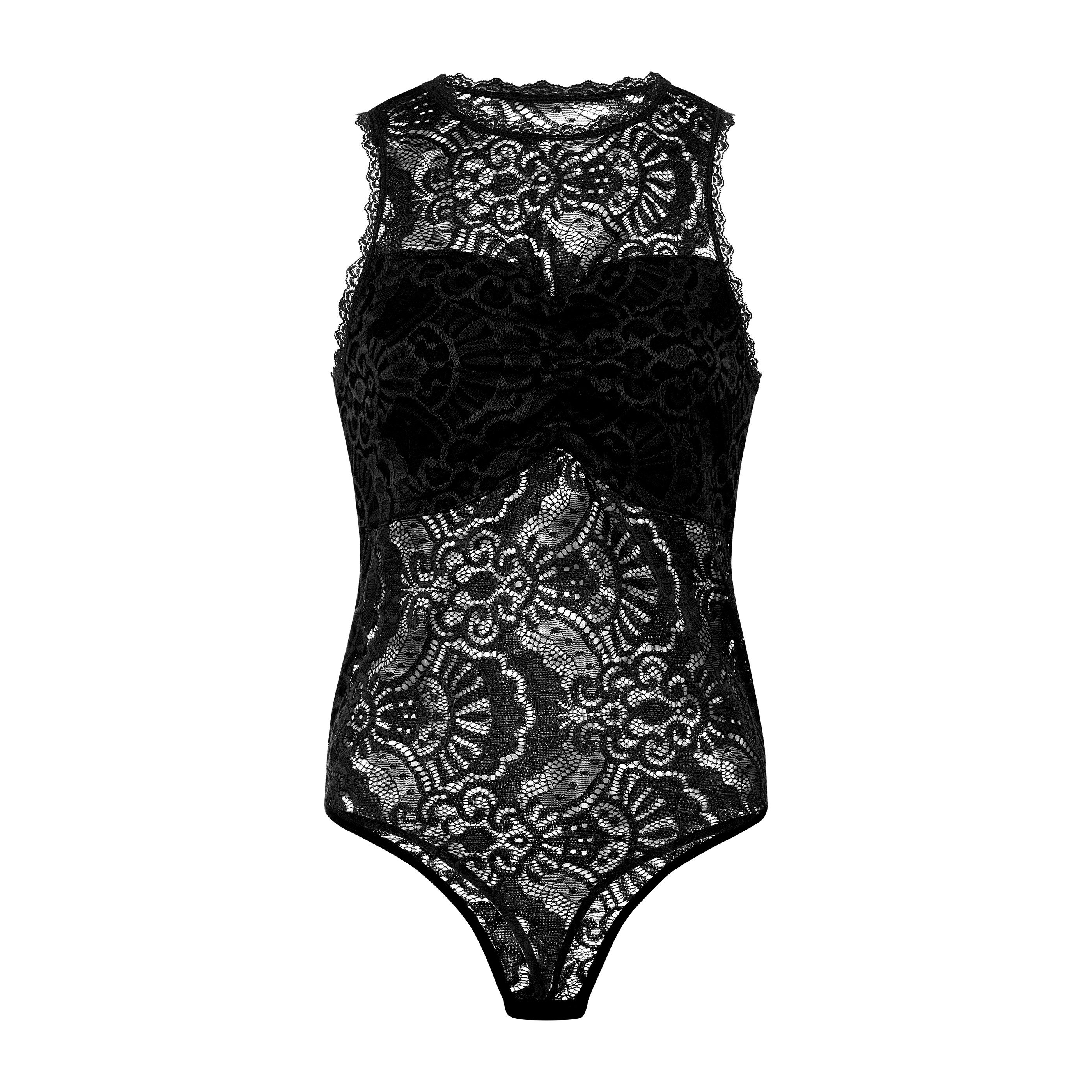 Evoni Stringbody für Damen Spitze transparent High Neck Cut-Out Sexy Dessous