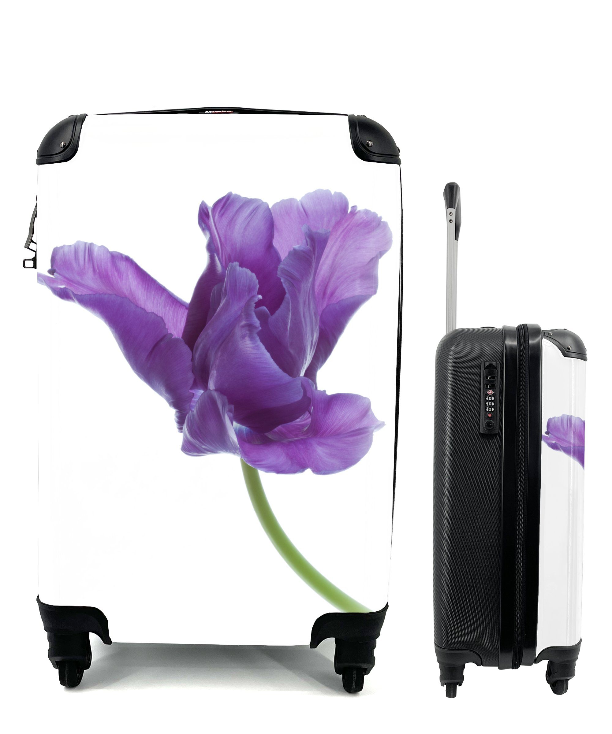 MuchoWow Handgepäckkoffer Lila Tulpe auf weißem Hintergrund, 4 Rollen, Reisetasche mit rollen, Handgepäck für Ferien, Trolley, Reisekoffer