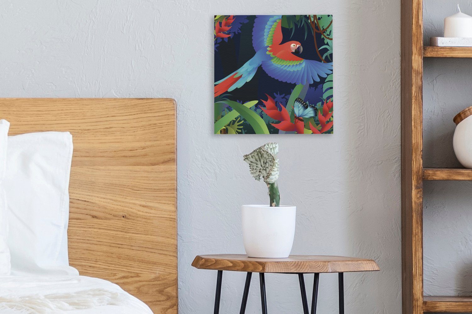 für Leinwand Wohnzimmer Eine St), Illustration (1 fliegenden Schlafzimmer Bilder OneMillionCanvasses® Regenwald, im Leinwandbild eines Papageis