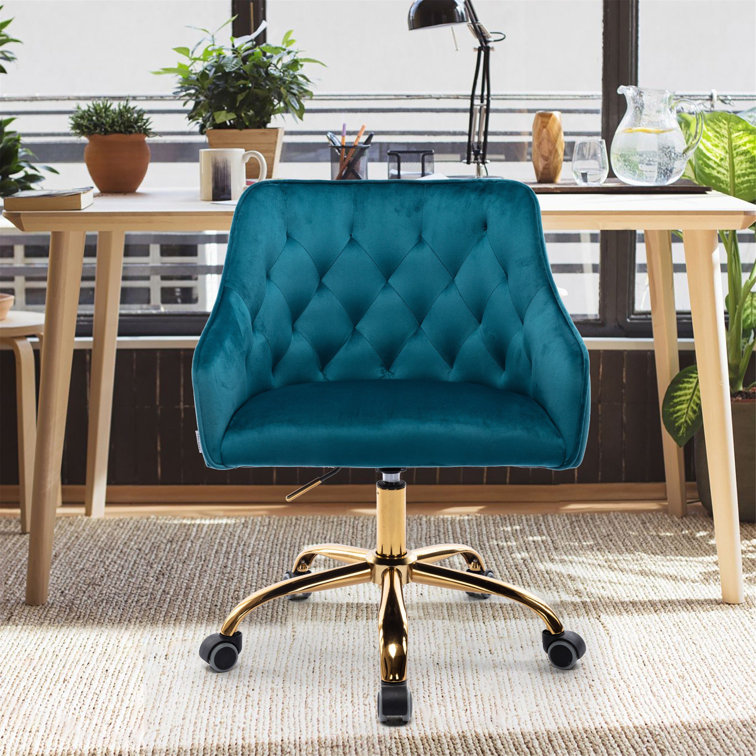 REDOM Stuhl Samt Bürostuhl, Schminkstuhl, 360° drehbar, höhenverstellbar (hübscher schicker Stuhl, goldener Bürostuhl), hübscher schicker Stuhl, goldener Bürostuhl natur