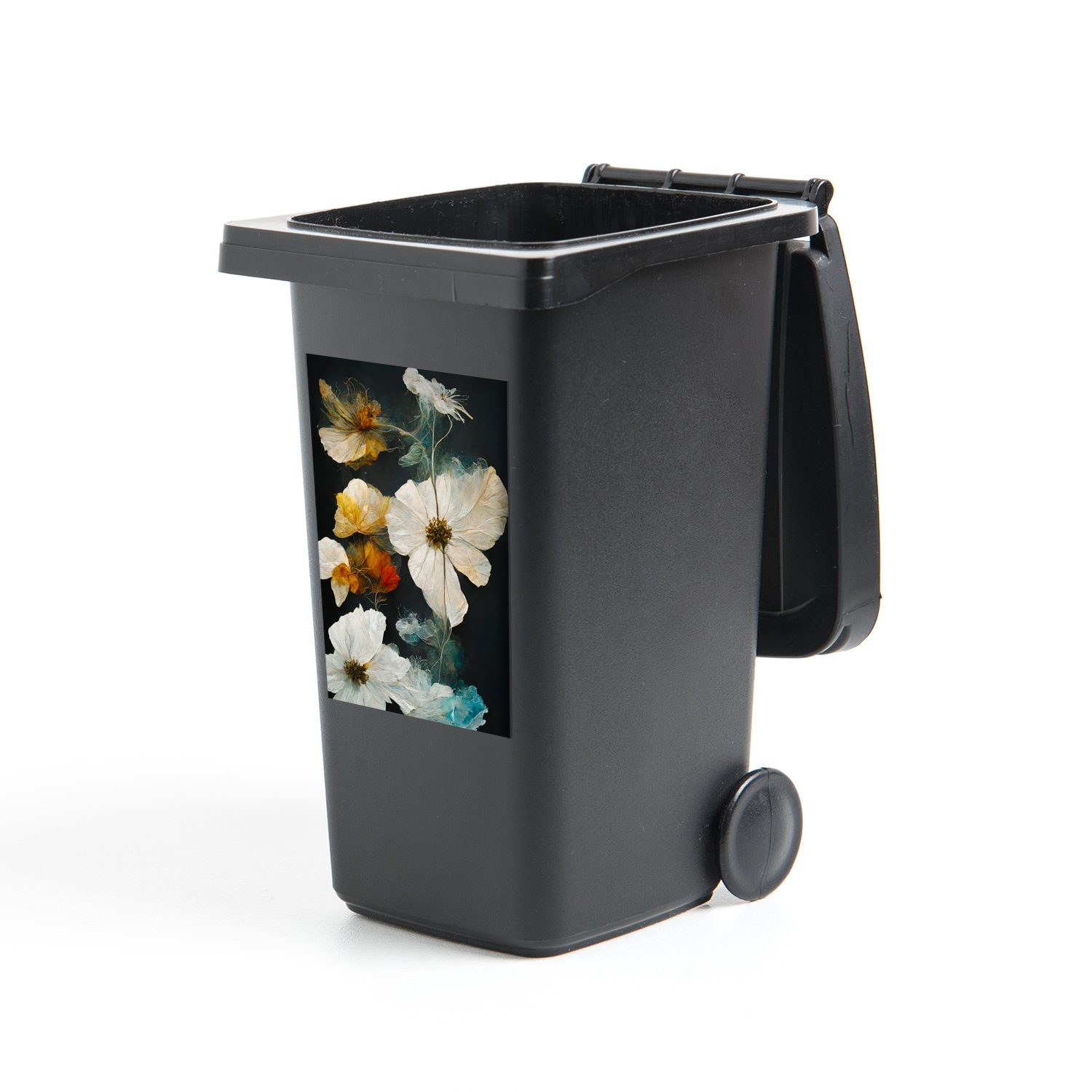 MuchoWow Wandsticker Weiß - Abfalbehälter Container, Mülleimer-aufkleber, Schwarz - Mülltonne, Blumen Pflanzen - Sticker, St), (1