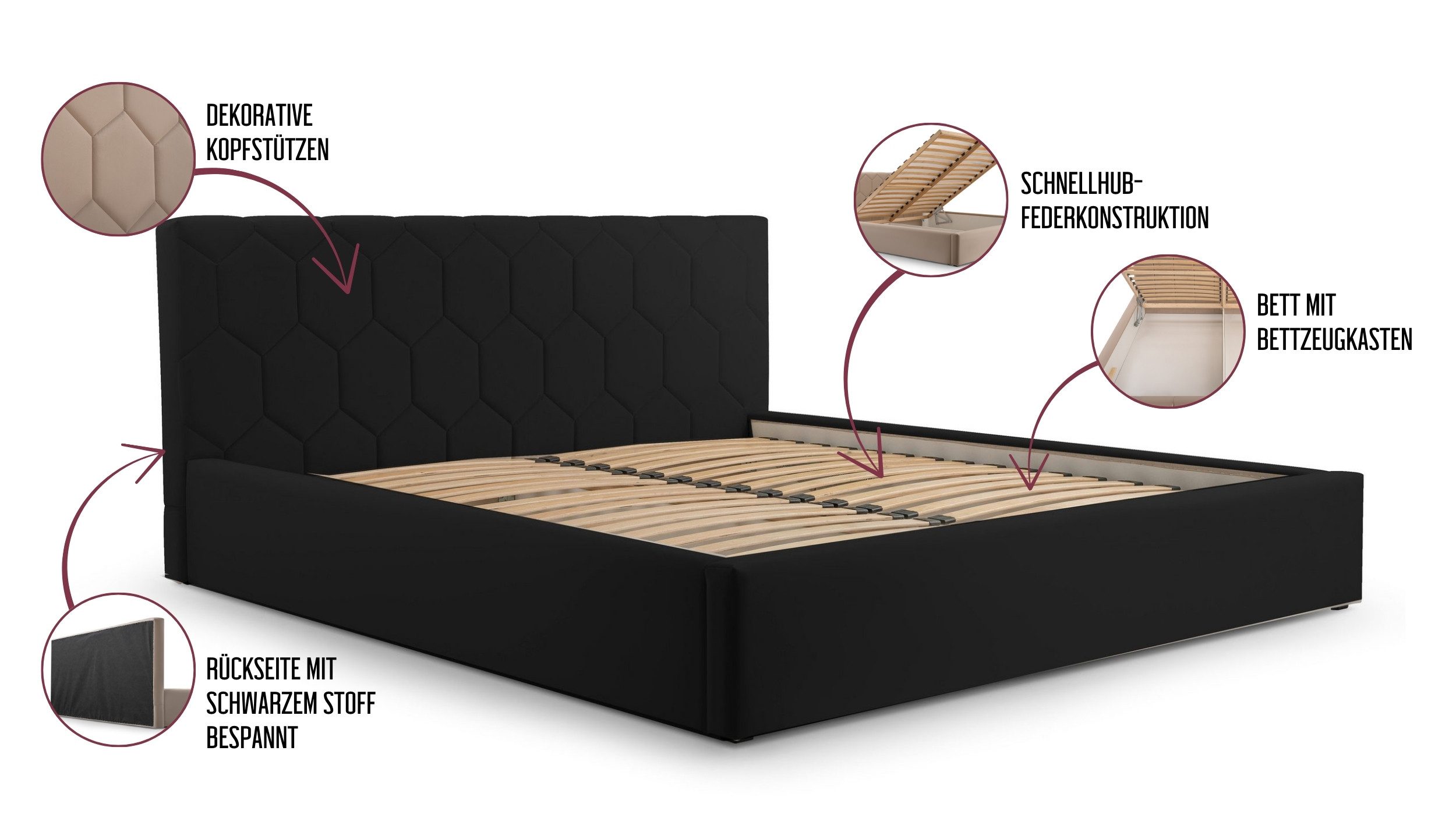 MOEBLO Polsterbett Bett 02 (aus Samt, Doppelbett mit gepolstertem Kopfteil, Bettkasten & Lattenrost, modernes Design mit Stauraum), (BxHxT): 158/178/198 x 95 x 220 cm