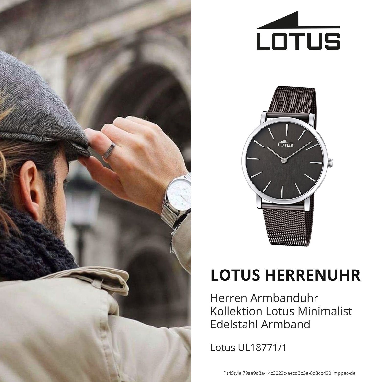 Lotus Quarzuhr Lotus Herren Armbanduhr (ca. Minimalist, 40mm) braun rund, Edelstahlarmband Herrenuhr groß