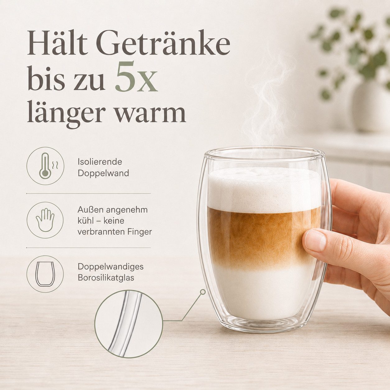 LAPRESO Latte-Macchiato-Glas Doppelwandig, Thermogläser Kaffeegläser Set 350 & 450 ml, 6-tlg., Borosilikatglas, 6er Set