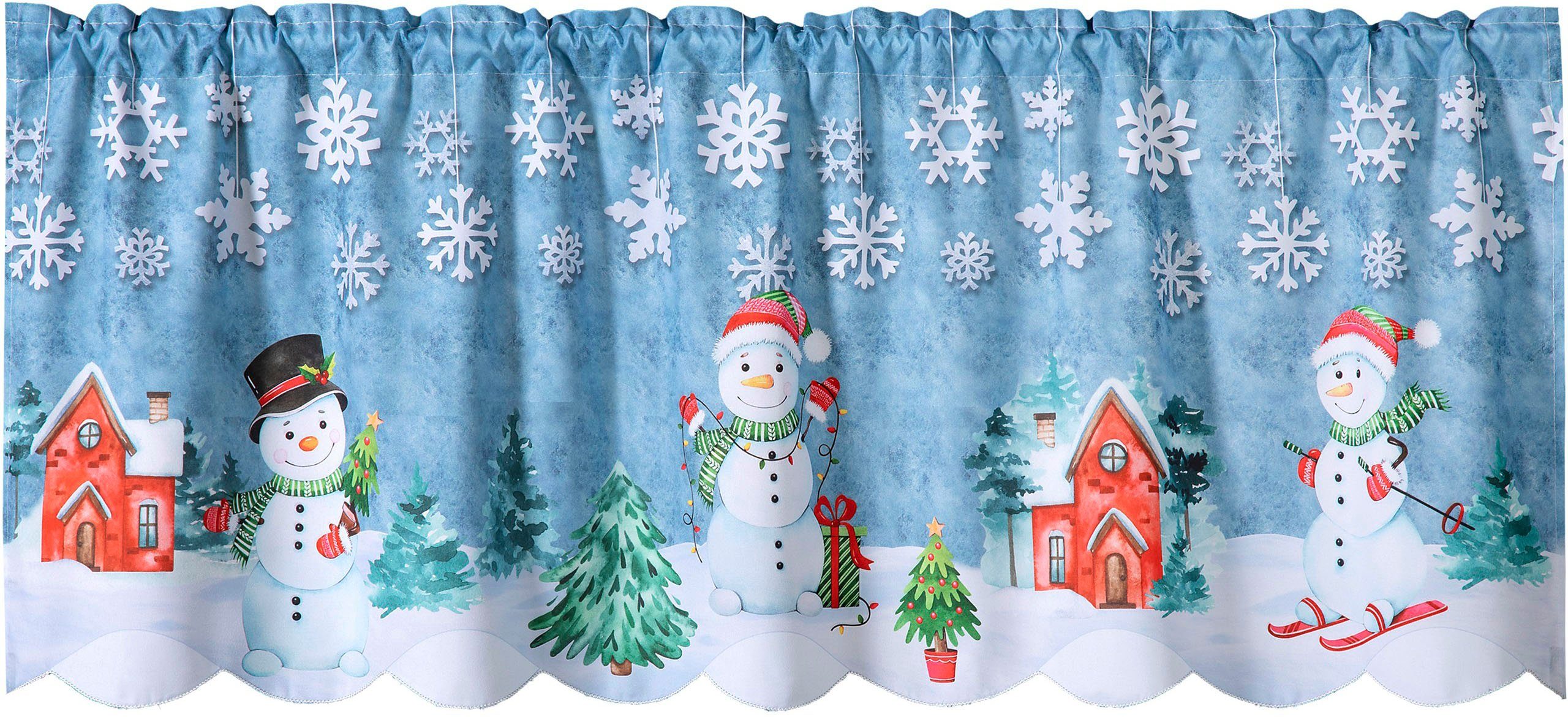 Weckbrodt Scheibengardine Schneemann (1 St), Stangendurchzug, blickdicht, Microfaser, Bistro, Gardine, Tunnelzug, blickdicht, bedruckt, HxB 45x120cm, Store