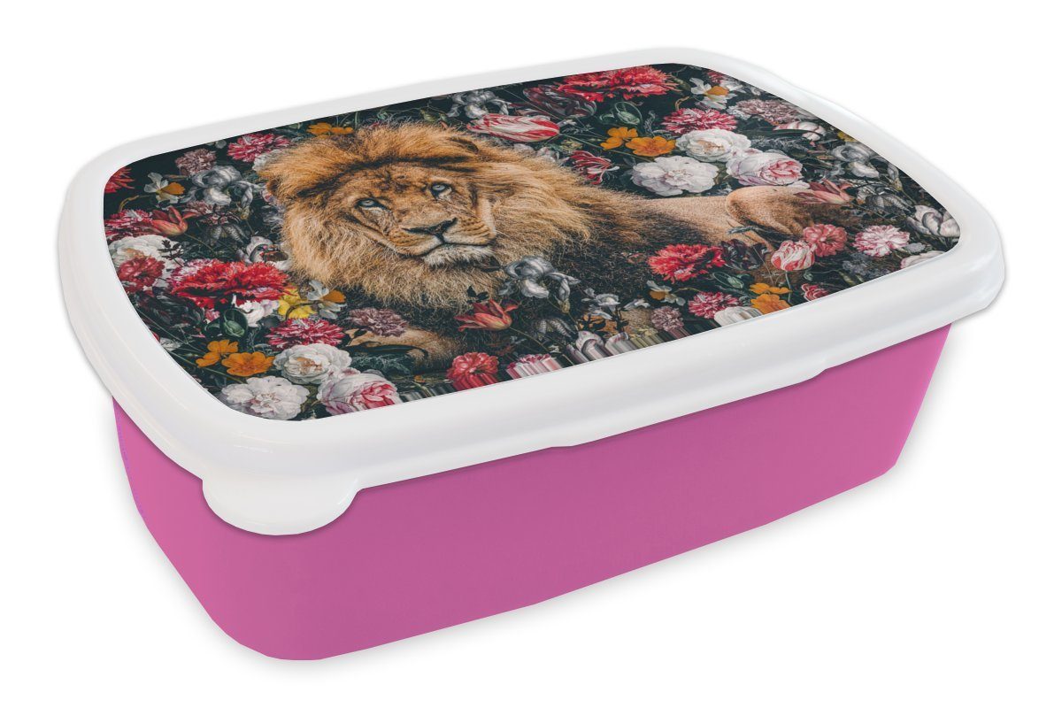 MuchoWow Lunchbox Löwen - Blumen - Farbe, Kunststoff, (2-tlg), Brotbox für Erwachsene, Brotdose Kinder, Snackbox, Mädchen, Kunststoff rosa