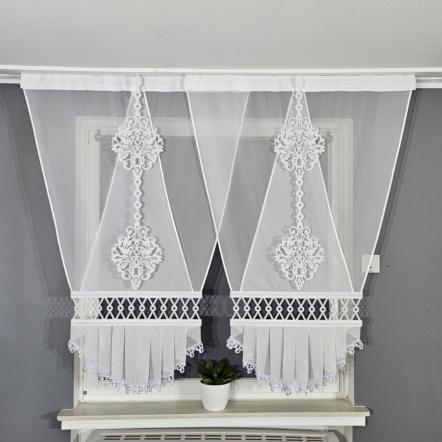 Gardinen by Justyna Scheibengardine 2er V Panel Set mit Gipüre, Kräuselband, transparent, Voile, Schiebegardinen,Fertiggardine,Paneele,Modern,Fensterdeko