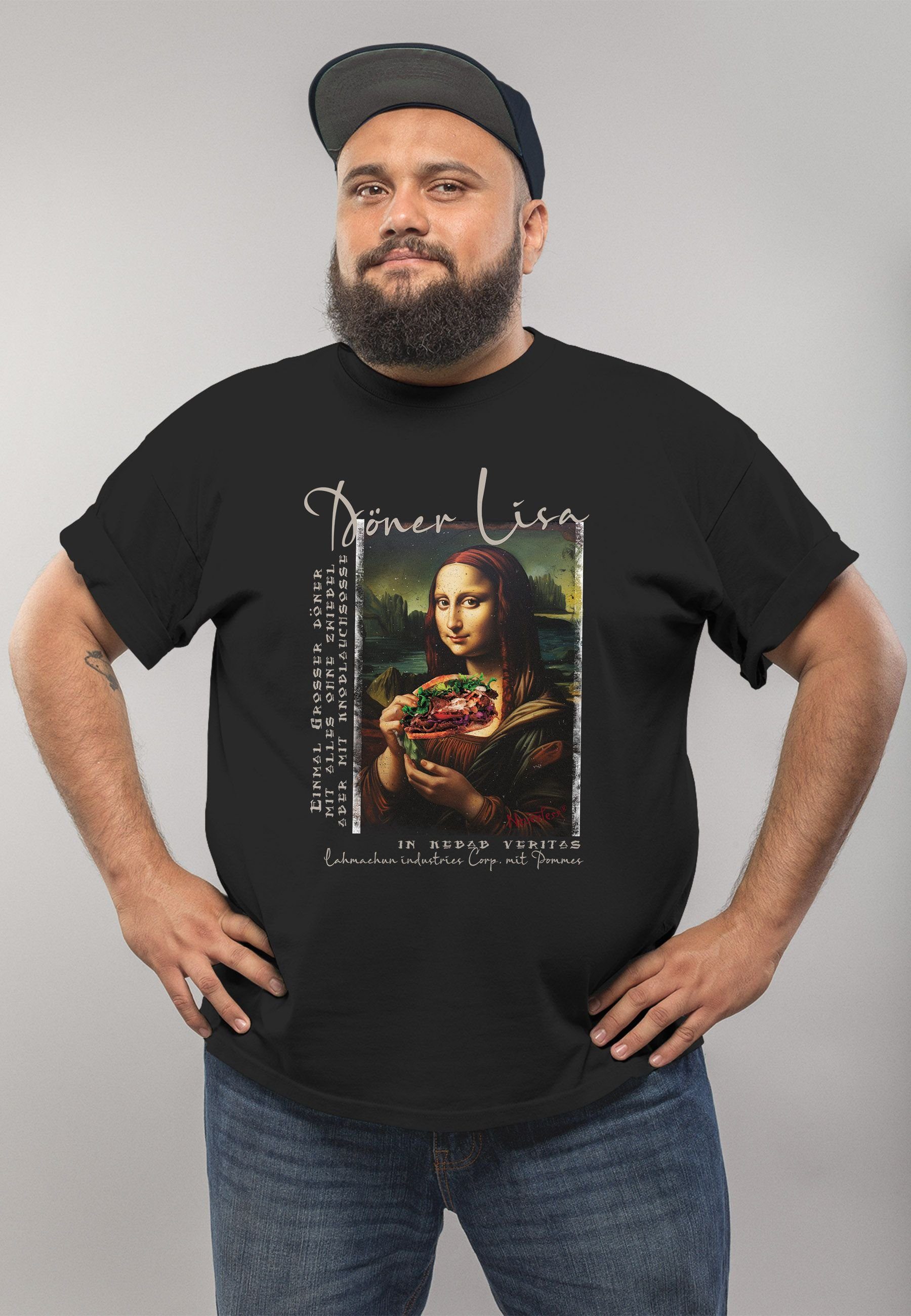 Print MoonWorks Döner Meme Aufdruck Herren Lisa Kapuzen-Pullover mit Parodie Mona schwarz T-Shirt Print-Shirt Lisa Print