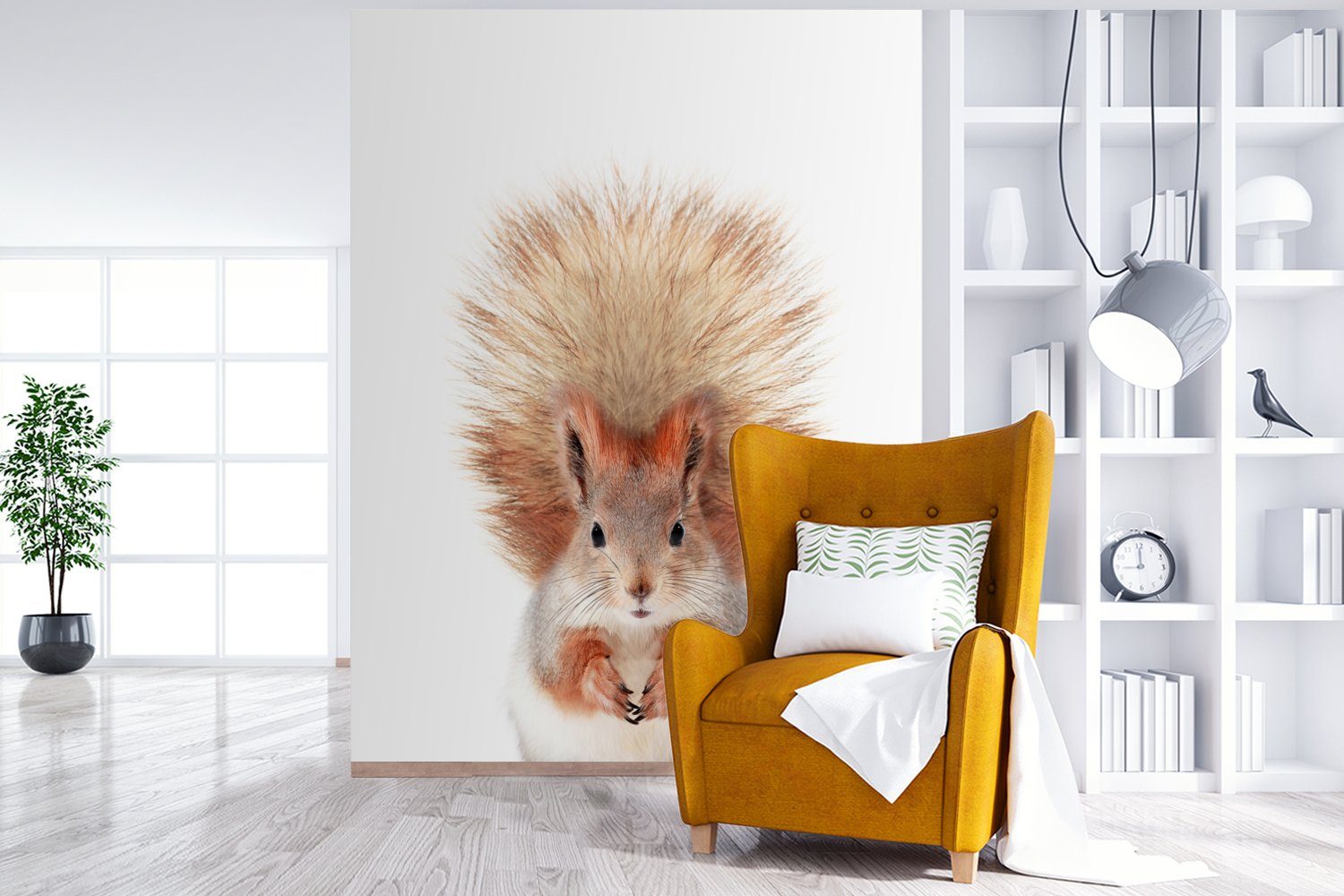 MuchoWow Fototapete Eichhörnchen - Tiere Montagefertig - Matt, - Wandtapete für Vinyl Natur Tapete Orange - Wohnzimmer, Weiß, (4 St), bedruckt