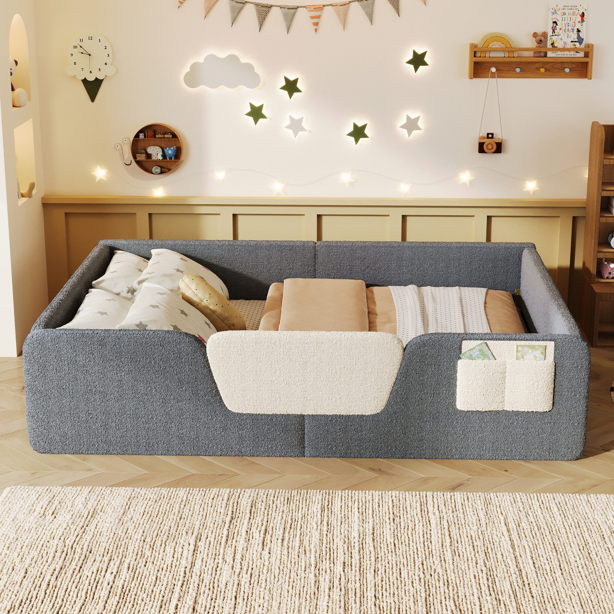Merax Polsterbett 140x190cm mit abnehmbarer Sicherheitsleiste (Jugendbett Babybett Einzelbett, 1-tlg), Bodenbett Kinderbett mit Aufbewahrungstasche & Lattenrost, Samtbezug