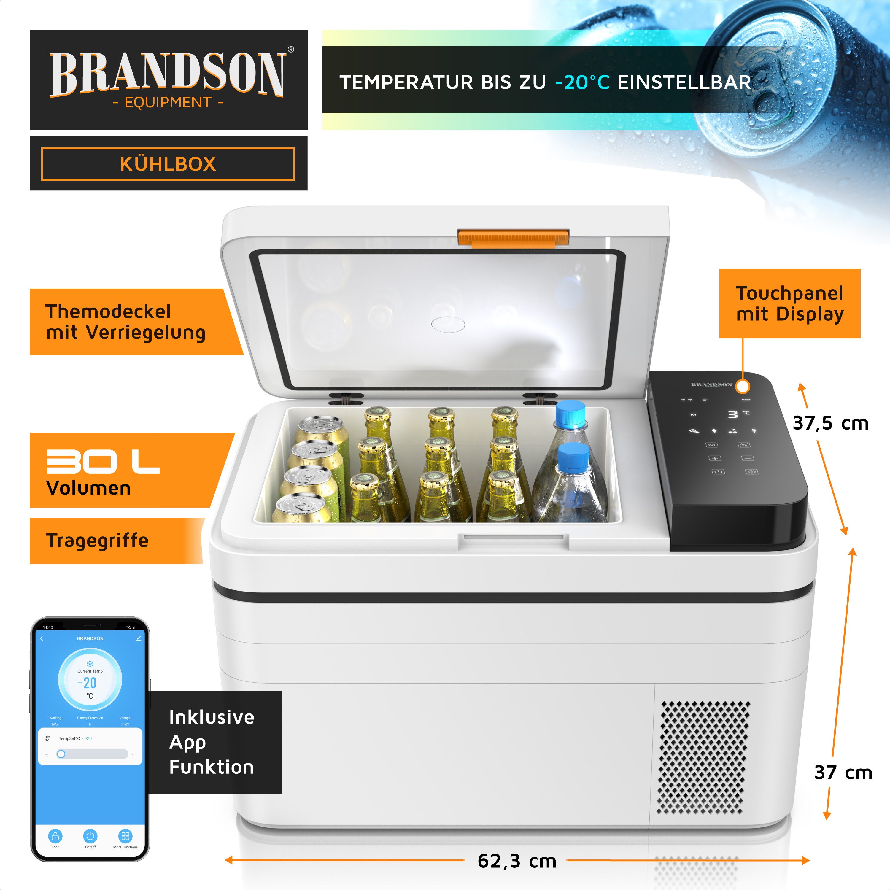 Brandson Elektrische Kühlbox Kompressor Kühlbox, bis – 20°C, ECO Modus, 30 L, für Auto & Haus, 30 l, APP-Steuerung, UV-Sterilisation, Batterieschutz, 12 V, 24 V, 230 V