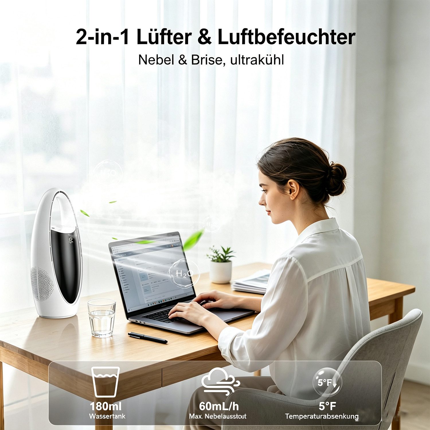MOPUEA Standventilator Standventilator Rotorloser Ventilator, Befeuchtbar, leise, 200ml Tank, mit Beleuchtung, Sprühfunktion, Timer