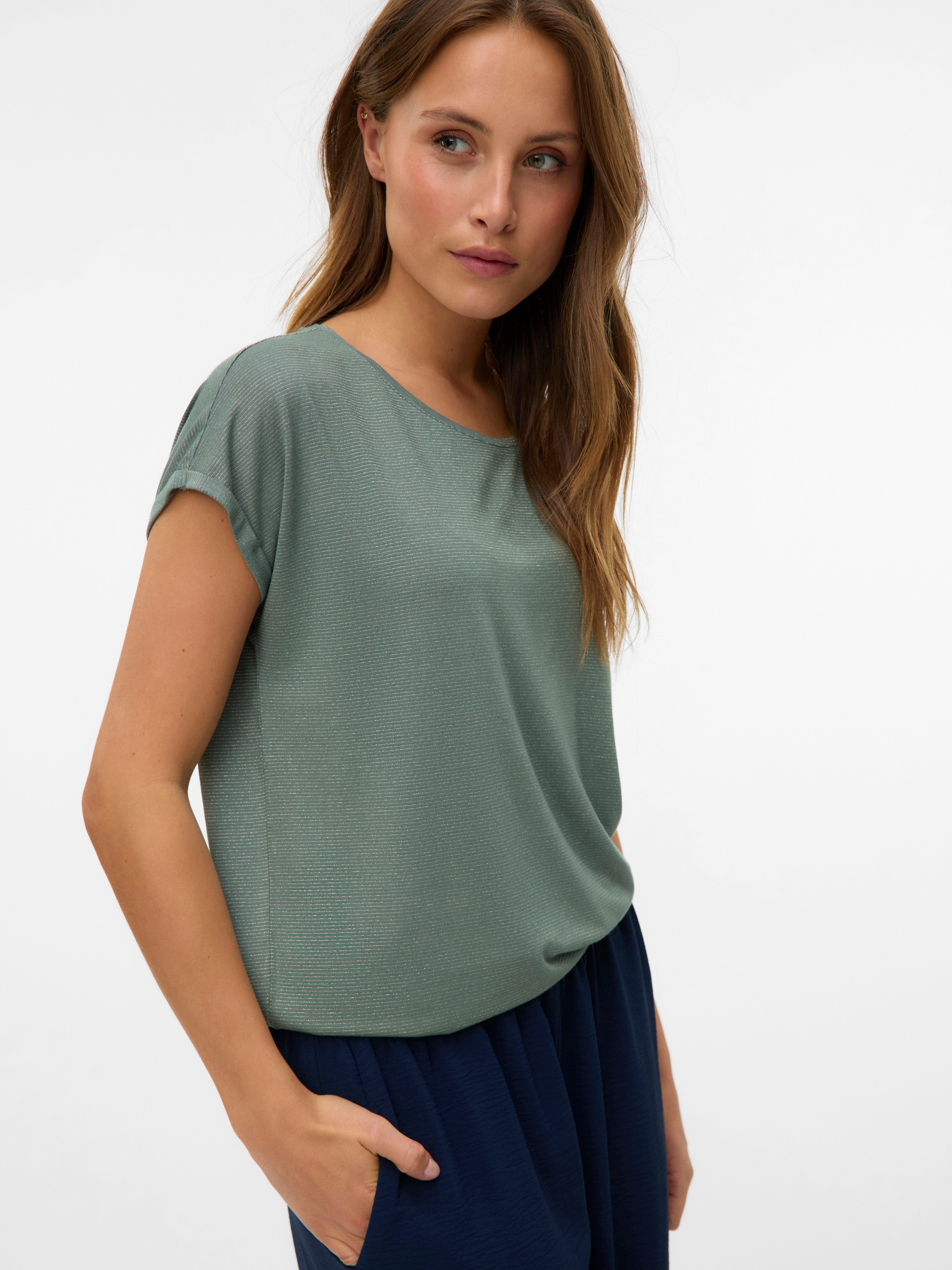 Vero Moda Rundhalsshirt VMLAVA PLAIN SS TOP LUREX STRIPE Viskosemischung, l günstig online kaufen