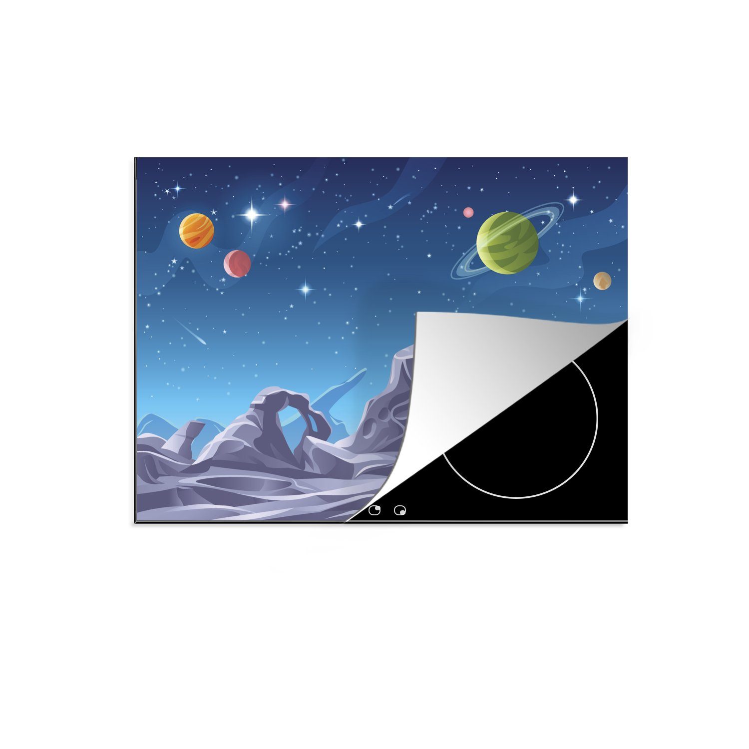 MuchoWow Herdblende-/Abdeckplatte Eine Illustration der Mondoberfläche mit sichtbaren Planeten, Vinyl, (1 tlg), 70x52 cm, Mobile Arbeitsfläche nutzbar, Ceranfeldabdeckung