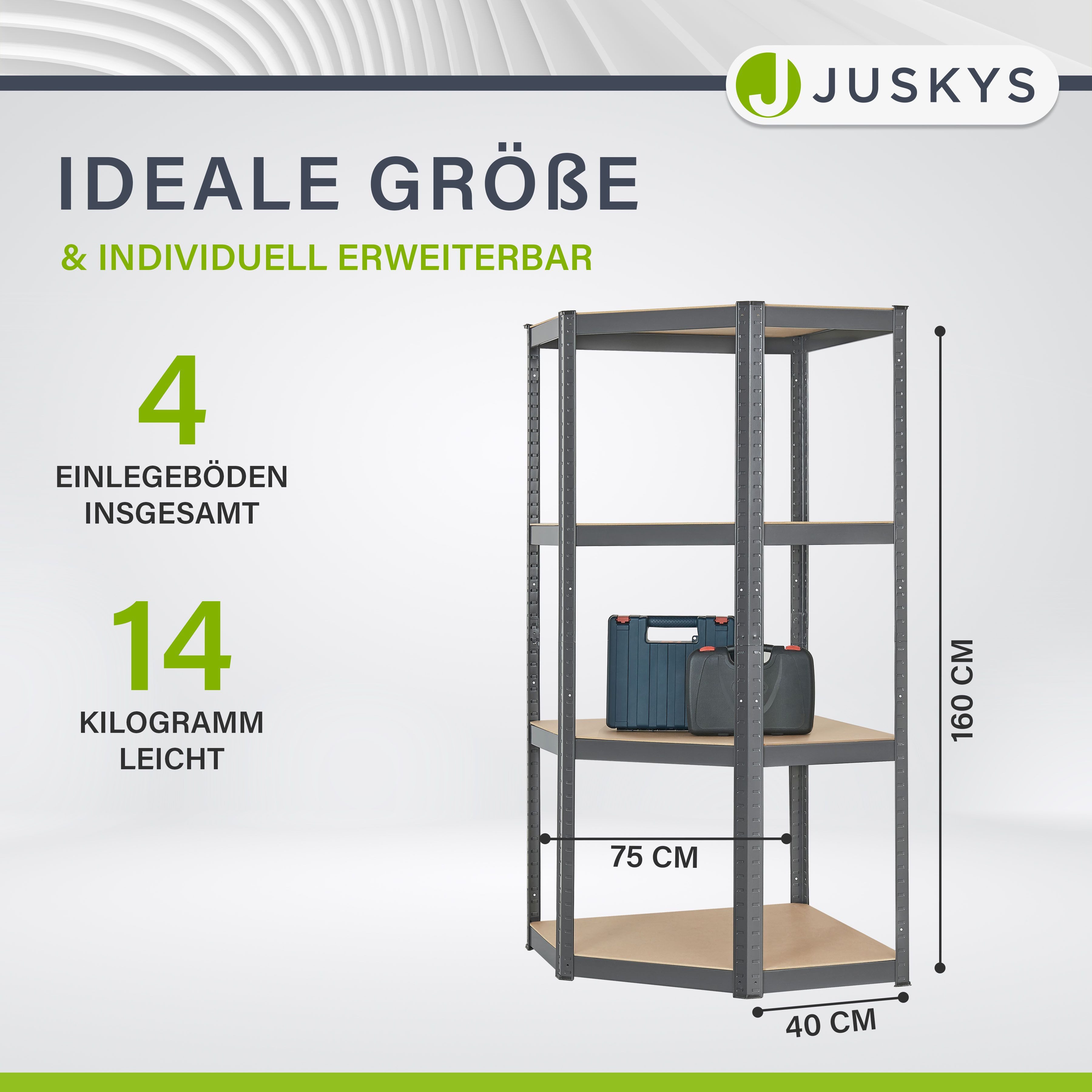 Juskys Eckregal Corner Easy, 1-tlg., 4 Einlegeböden mit bis zu 320 kg Tragkraft.