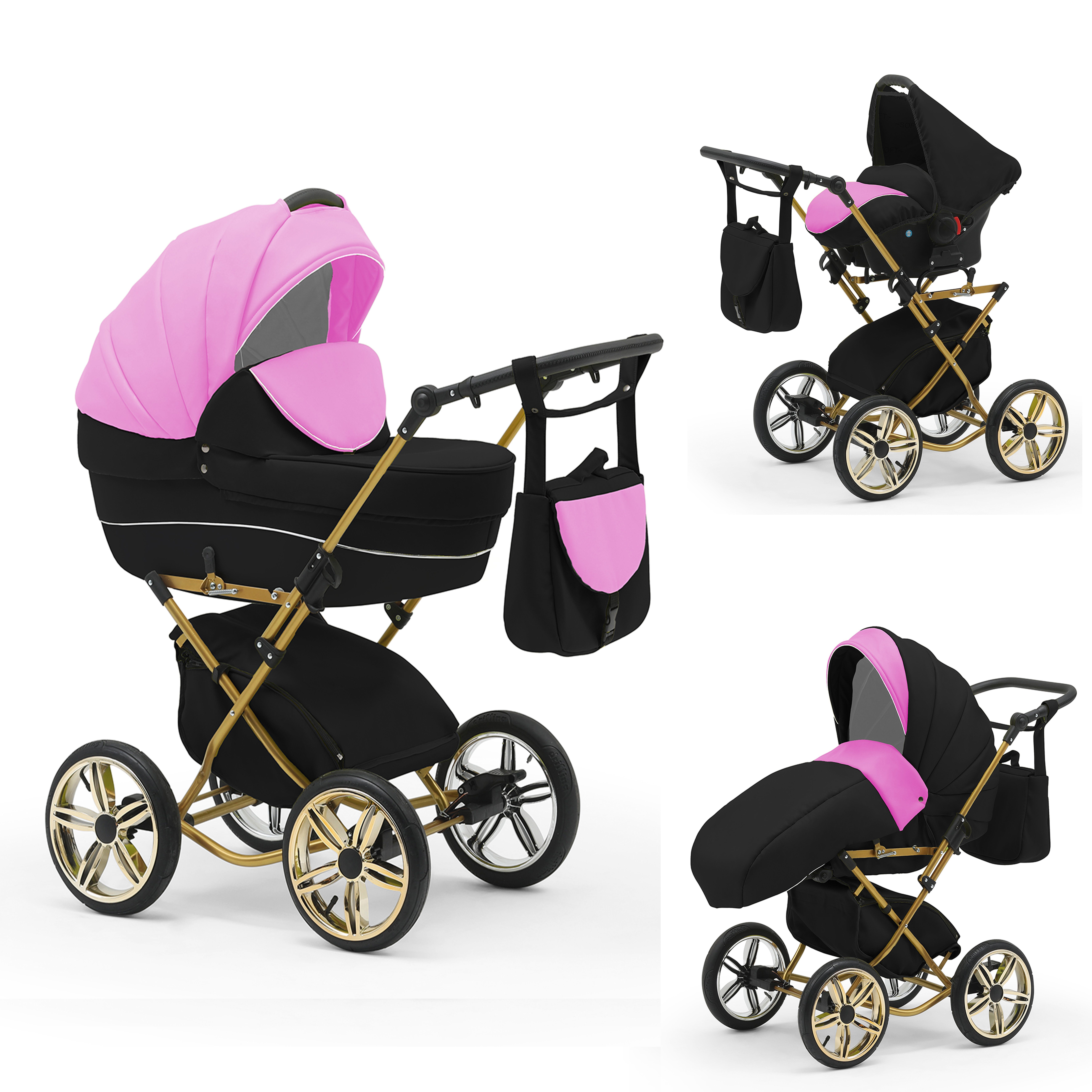 babies-on-wheels Kombi-Kinderwagen Sorento 3 in 1 inkl. Autositz - 13 Teile - in 10 Designs Pink-Schwarz