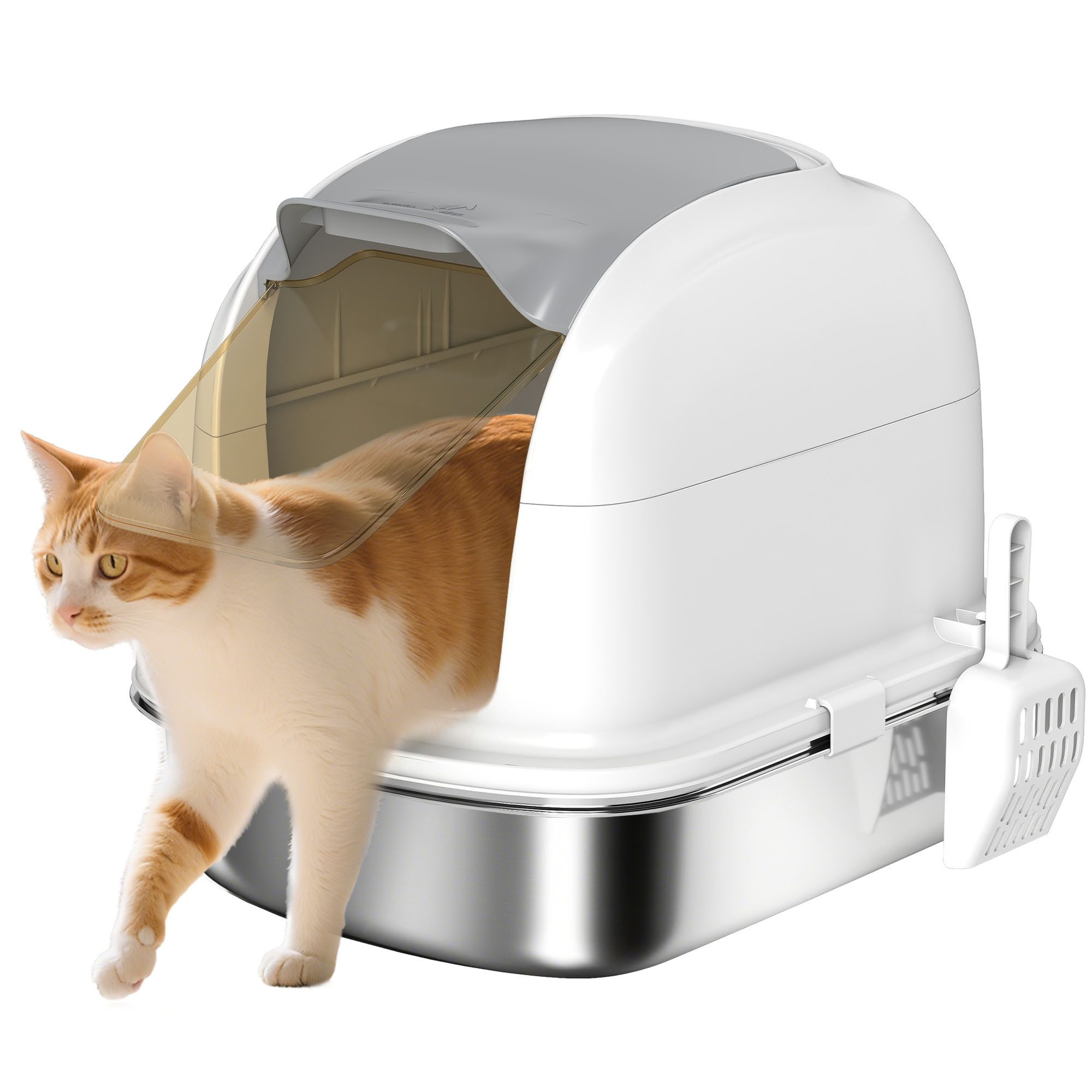 PawHut Katzentoilette Katzenklo Edelstahl mit Deckel, Wanne, Streuschaufel, für Katzen unter 5 kg, Weiß