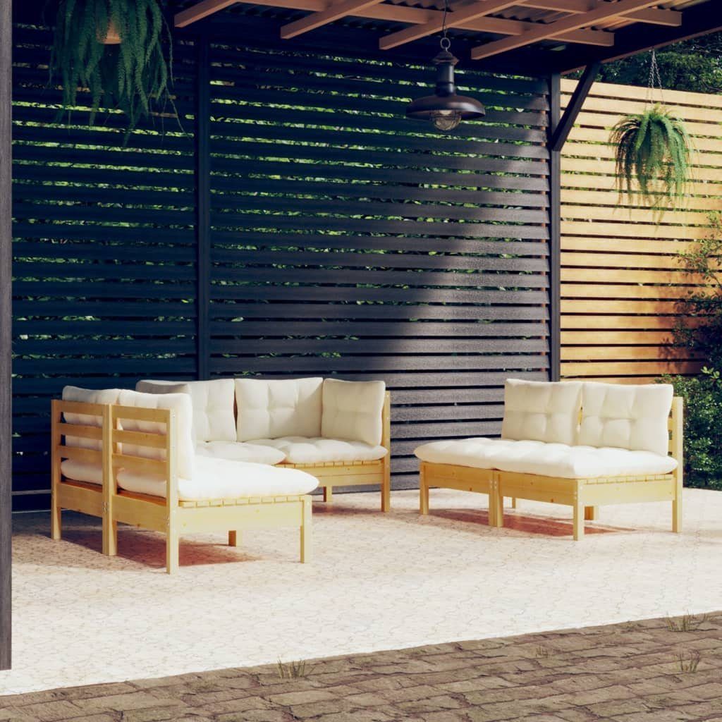 vidaXL Gartenlounge-Set 6-tlg. Garten-Lounge-Set mit Creme Kissen Massivholz Kiefer, (1-tlg) Braun und Creme | Gartenlounge-Sets