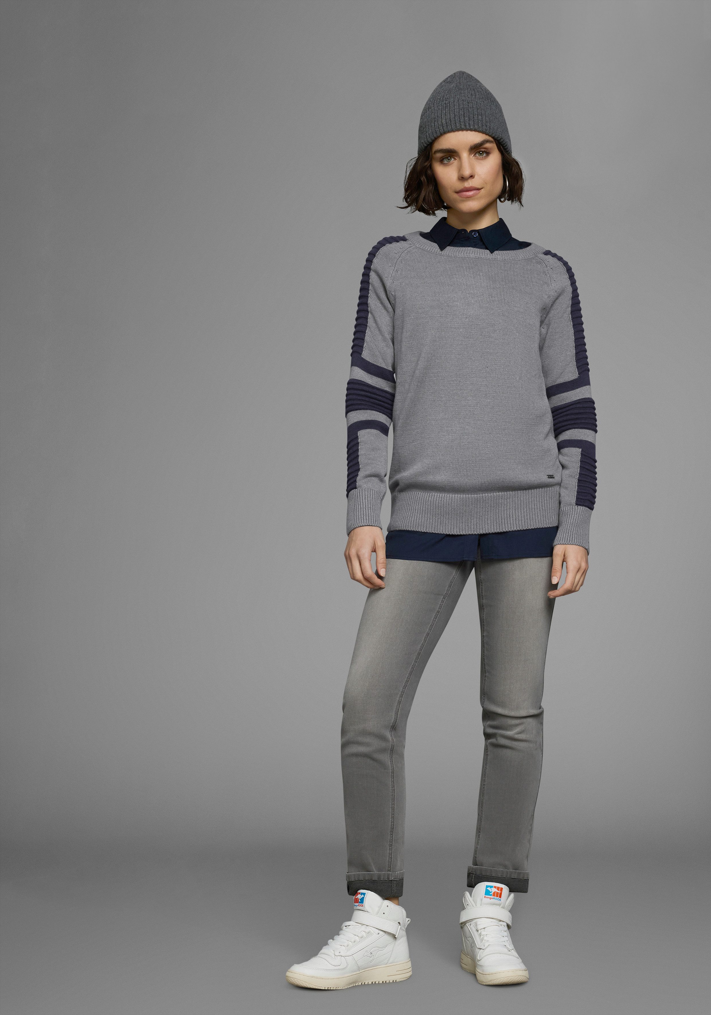 Arizona Rundhalspullover im Bikerstil mit Ärmeln in Fein - und grobem Rippenstrick