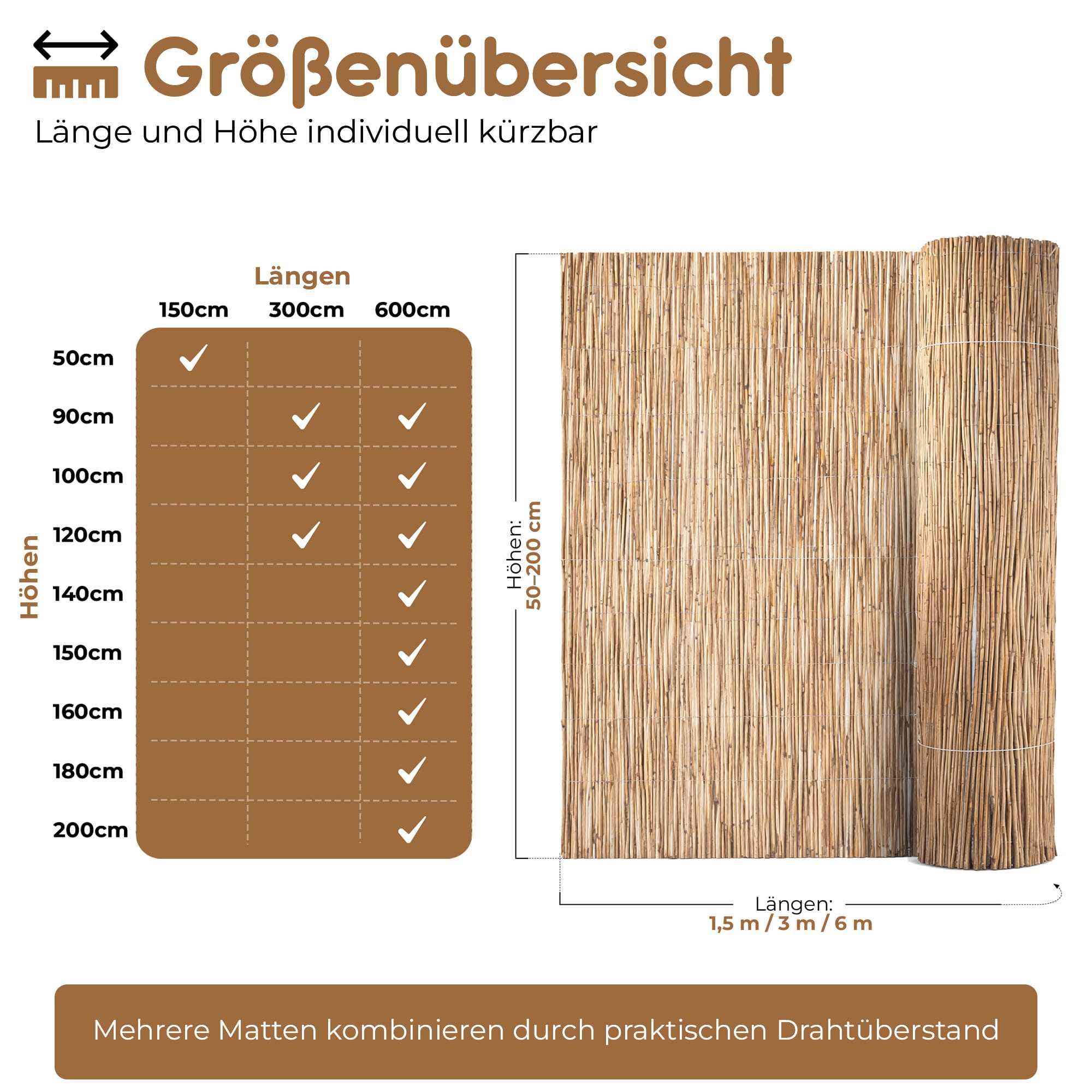 BooGardi Sichtschutzzaunmatten Schilfrohrmatte Zaun Balkonsichtschutz natur in 12 Größen, (1-St., Sichtschutzmatte Schilf Höhe 50cm x Länge 150cm), Sichtschutz Schilfmatte Balkon Garten Terrasse