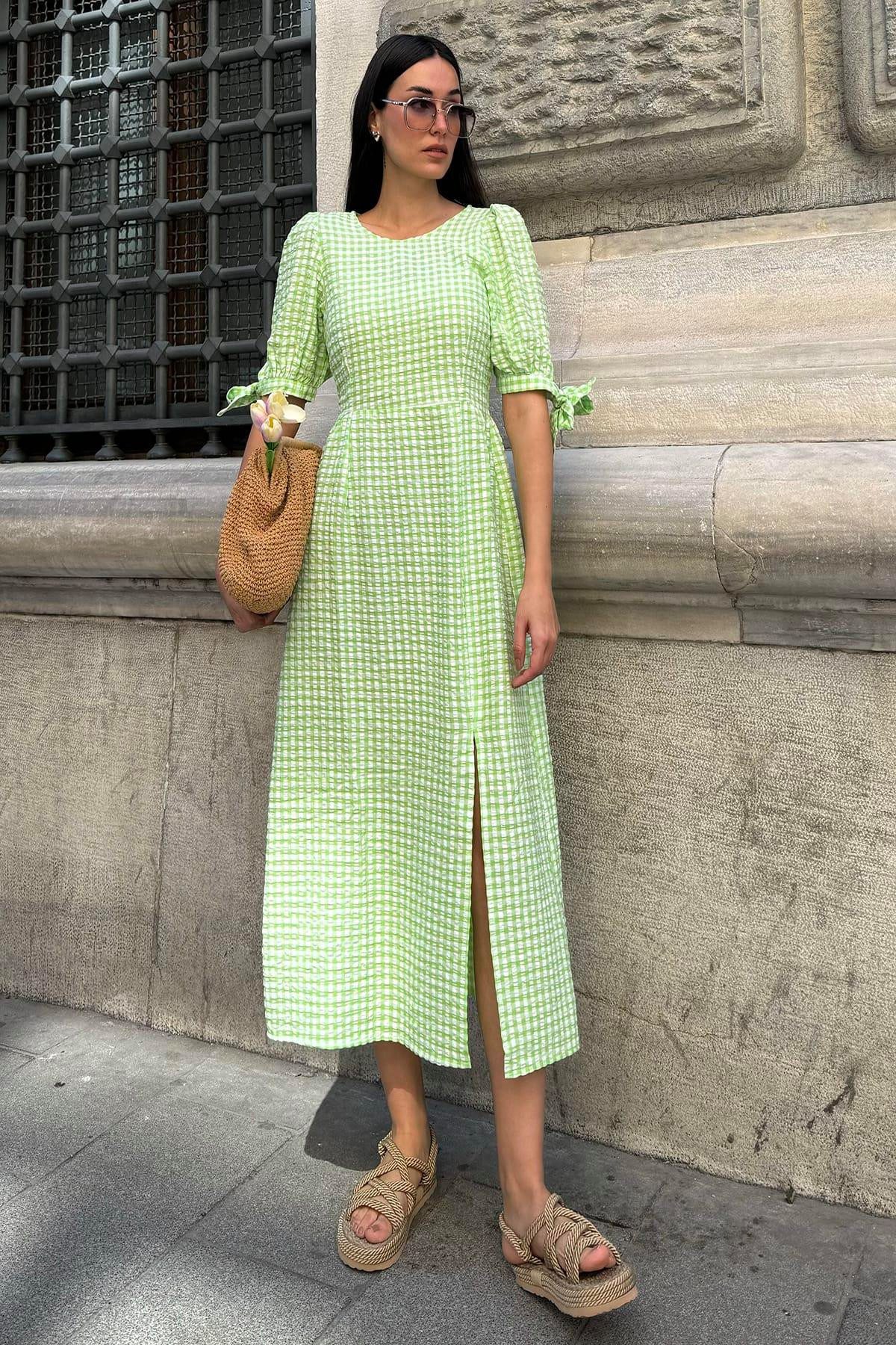 For You Moda Minikleid Natürliche Viskose Waffel Karo Schlitz Maxi Grün Kle günstig online kaufen