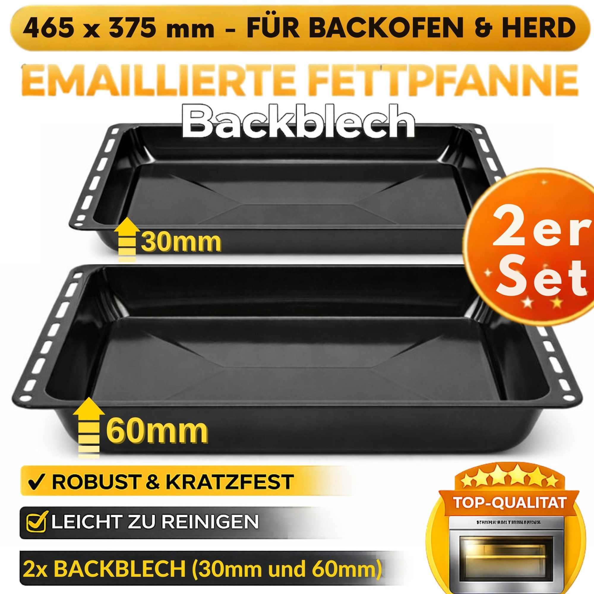 ICQN Backblech 465 x 370 x 30 und 60 mm, Emaille, (Backblech set mit einer Tiefe von 3 und 6 cm, 2-St), Passend für Bosch, Neff, Constructa, Beko, Samsung, Teka