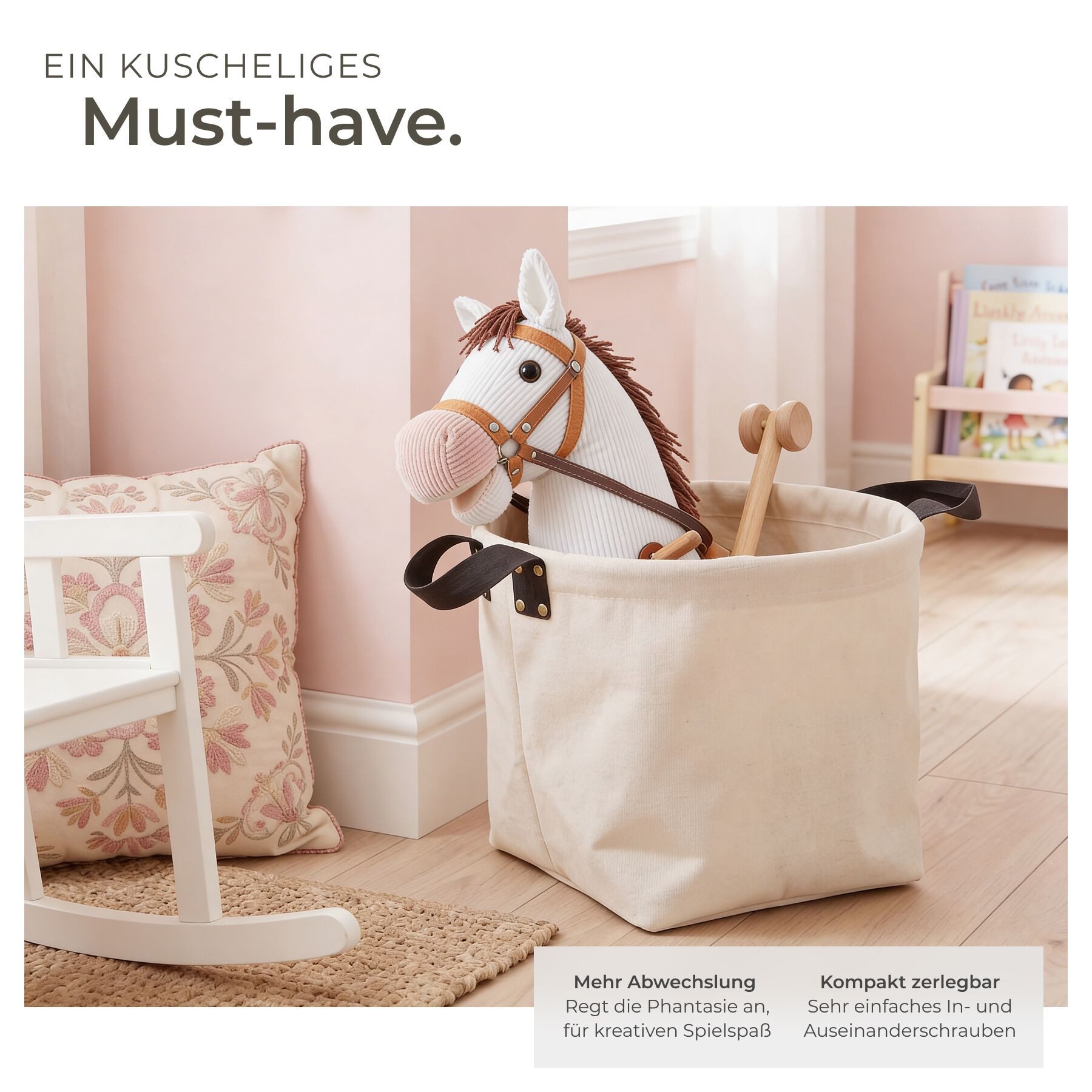tectake Steckenpferd Hobby Horse mit Rollen - Detailreiches Design für Kinder, (Stockpferd in Weiß, 1 St), Stabiler Holzstab mit Doppelrolle für leichtes Gleiten