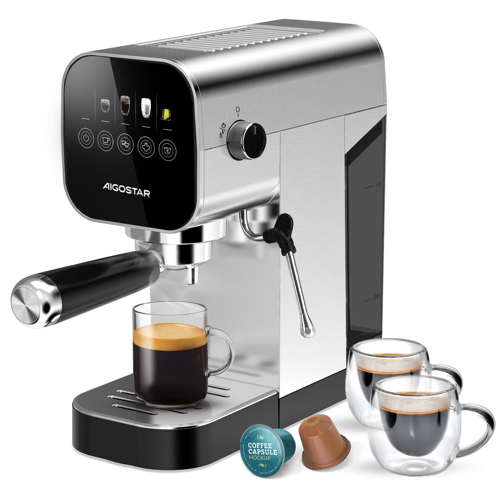 Aigostar Siebträgermaschine Espressomaschine mit Milchaufschäumer, Kompatibel mit Kapseln und Gemahlenem Kaffee, Edelstahl, 20 Bar, Digitales Touchpanel, 1/2 Tassen, 0,9L, 1350 W, Edelstahl