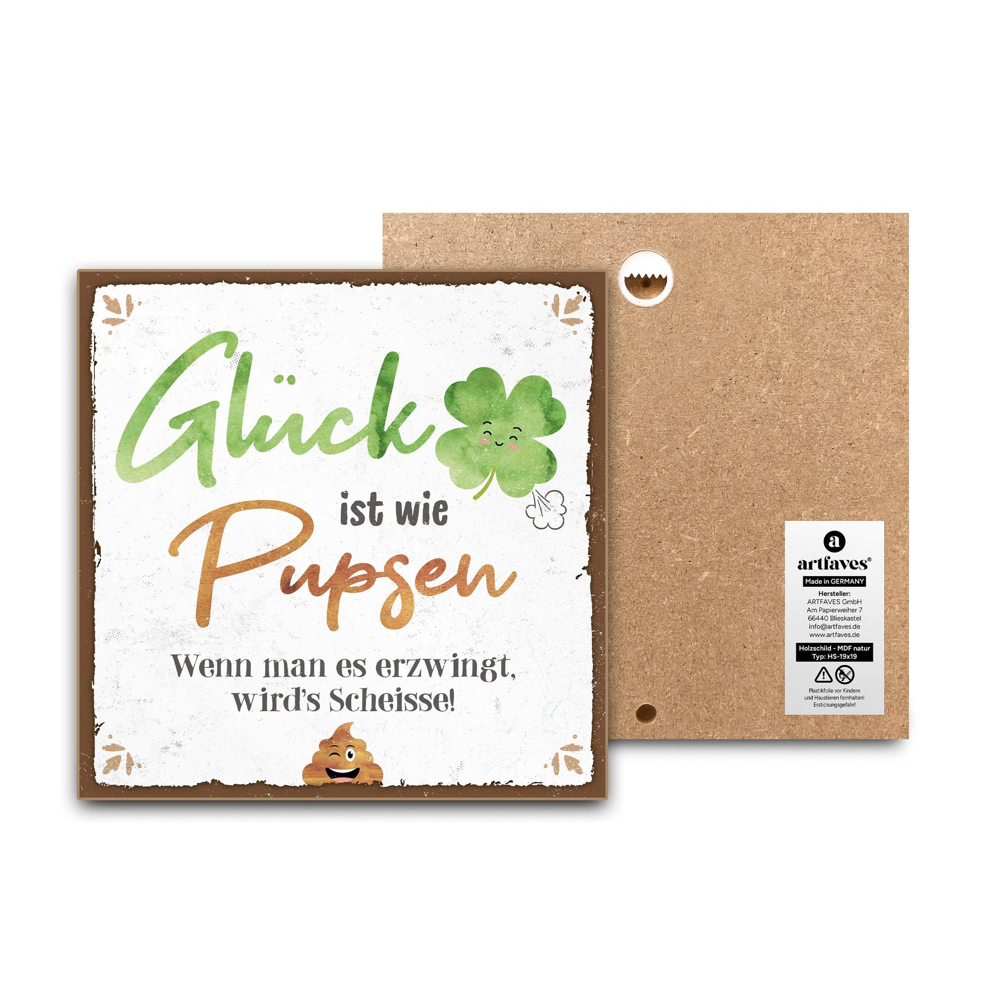 ARTFAVES Holzbild Schild mit Spruch - Glück ist wie Pupsen - witzige Sprüche, Leben