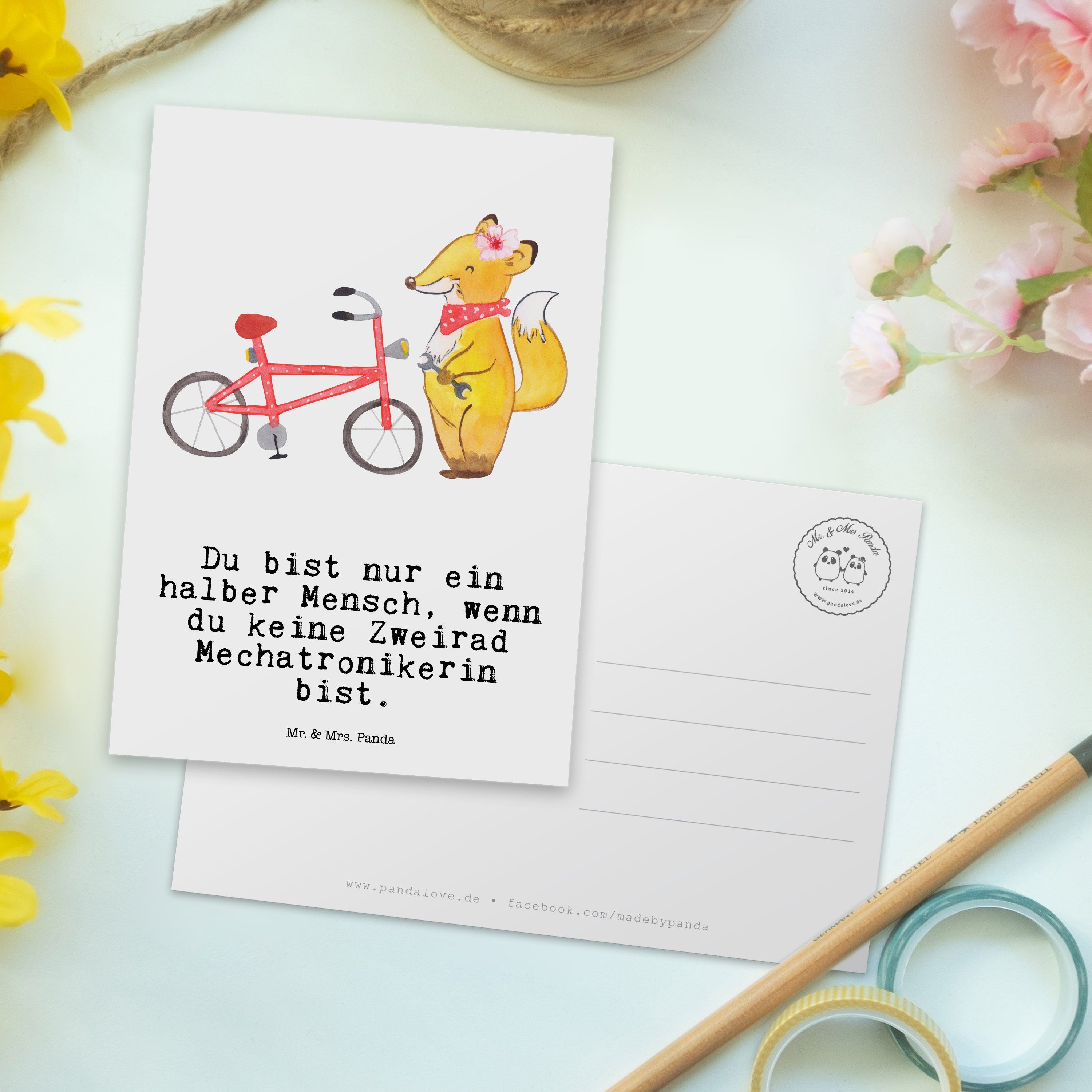 - Panda & Mrs. Zweirad Weiß Geburtstagskarte Herz Postkarte Mechatronikerin - Mr. mit Geschenk,