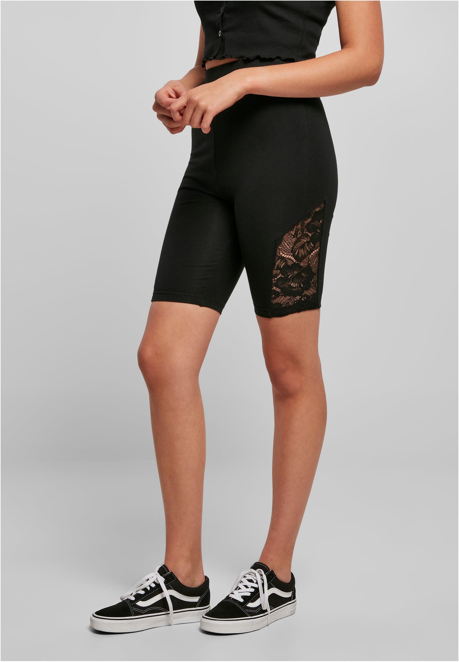 URBAN CLASSICS Stoffhose Ladies Lace Inset Damen Waist Cycle Shorts High black (1-tlg)