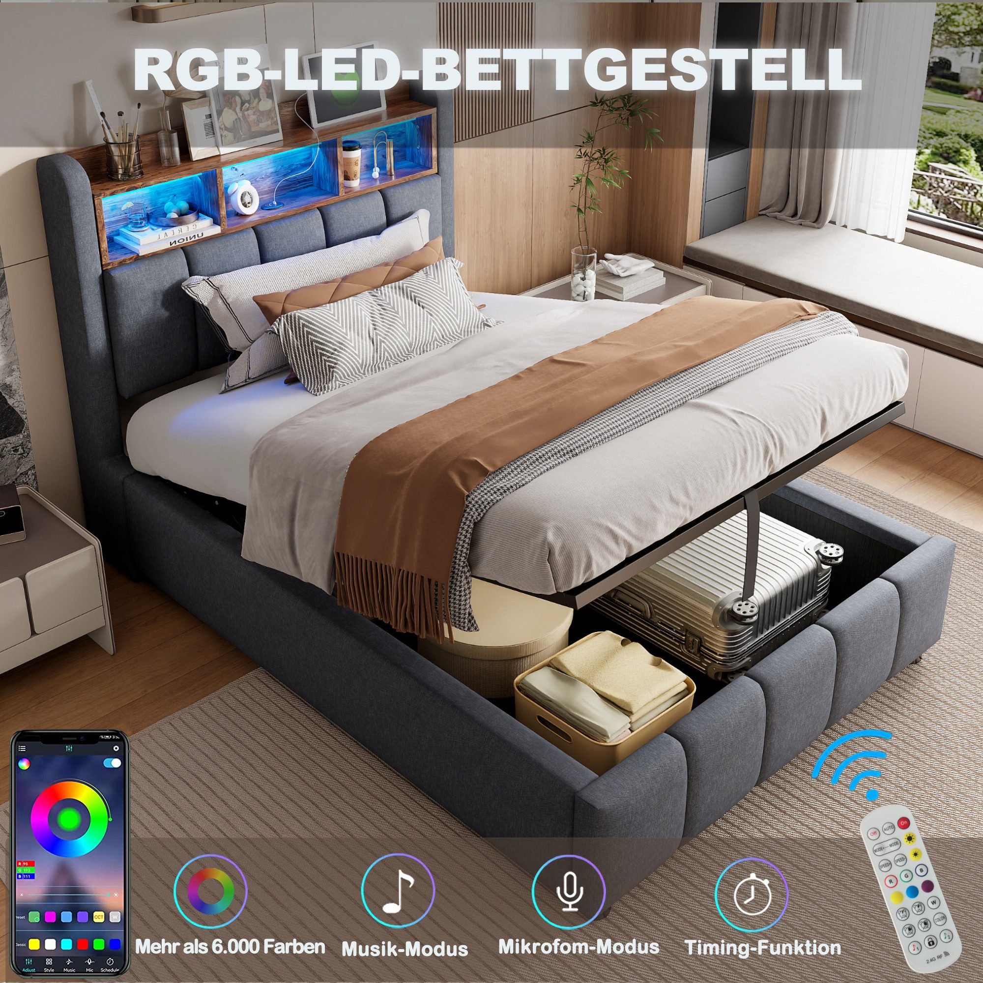 OKWISH Polsterbett Doppelbett, mit hydraulisches Stauraum günstig online kaufen