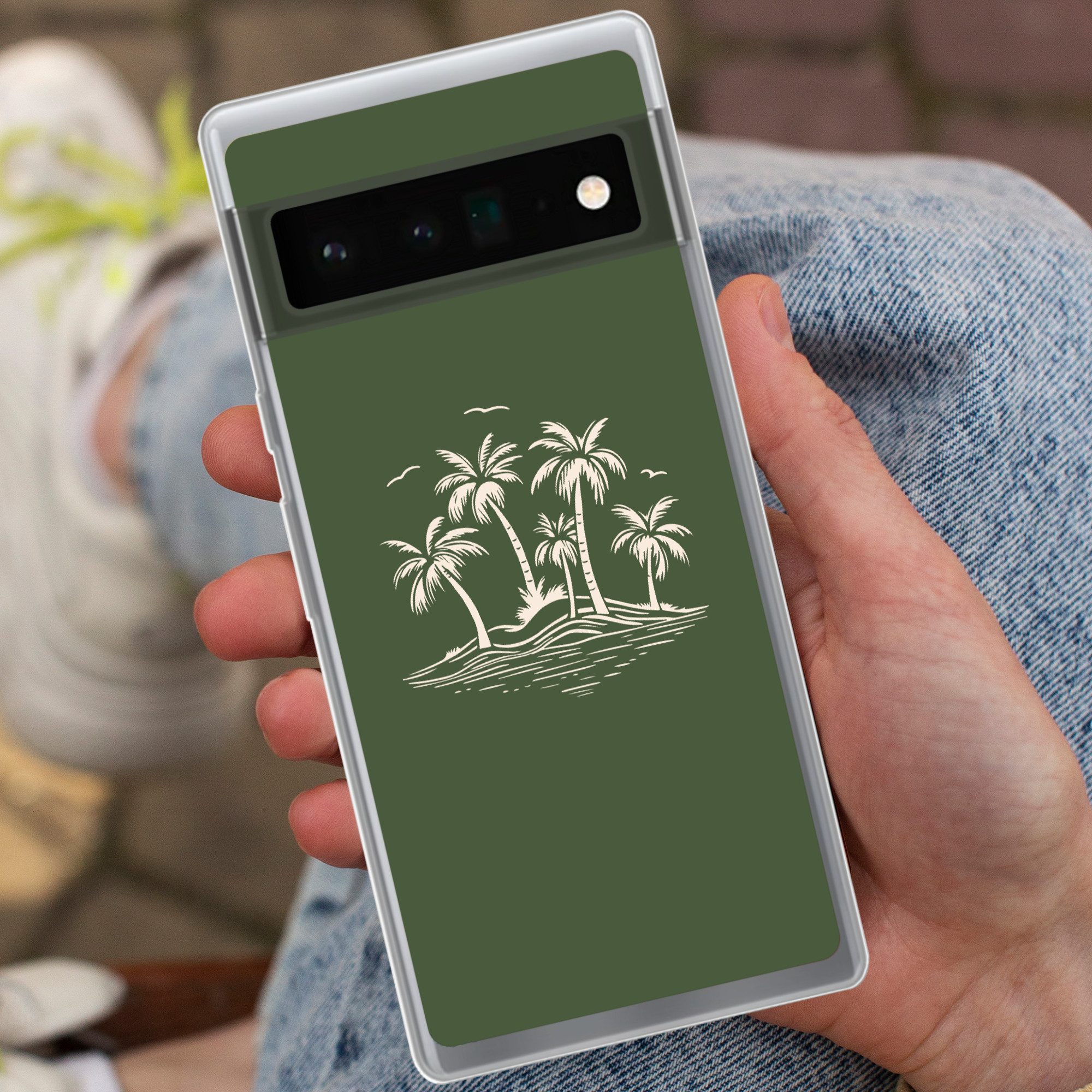 MuchoWow Handyhülle für Google Pixel 6 Pro Palmen - Strand - Grün - Beige - Tropisch, Handy Case, Silikon, Bumper Case Dünn