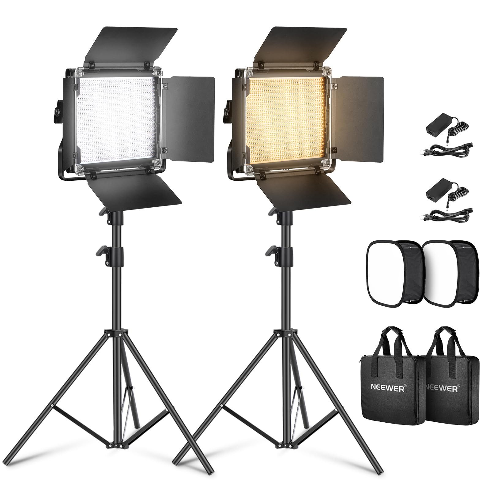 Neewer Videoleuchte NL660 2 Stück 660 LEDs Videolicht, Dimmbar, Höhenverstellbar 66-190 cm, mit Stativ/Diffusor, Bi Farbe, Dauerlicht mit Barndoor für Studio