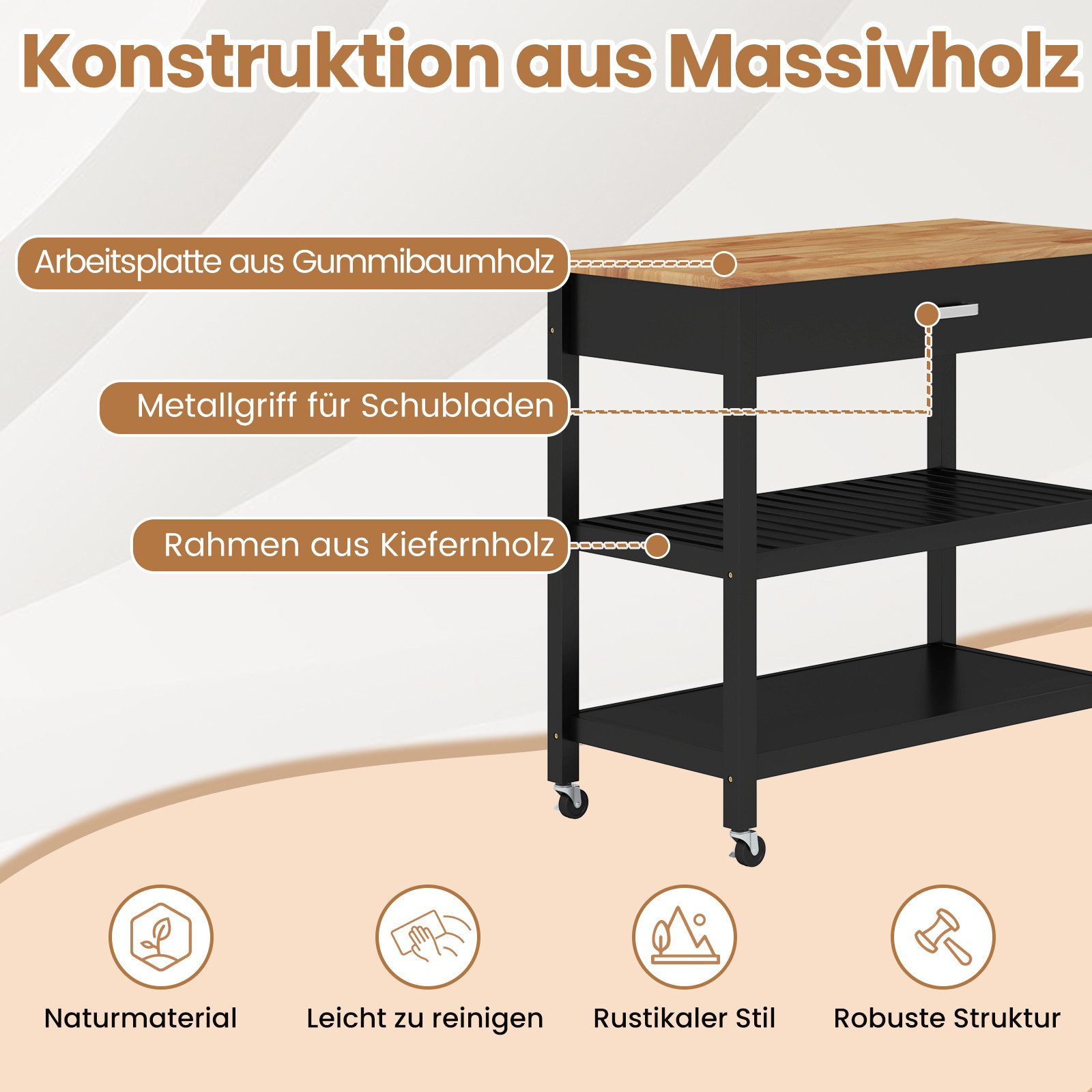 COSTWAY Küchenwagen, Mit Schublade, Rollen und Arbeitsplatte, Holz, schwarz