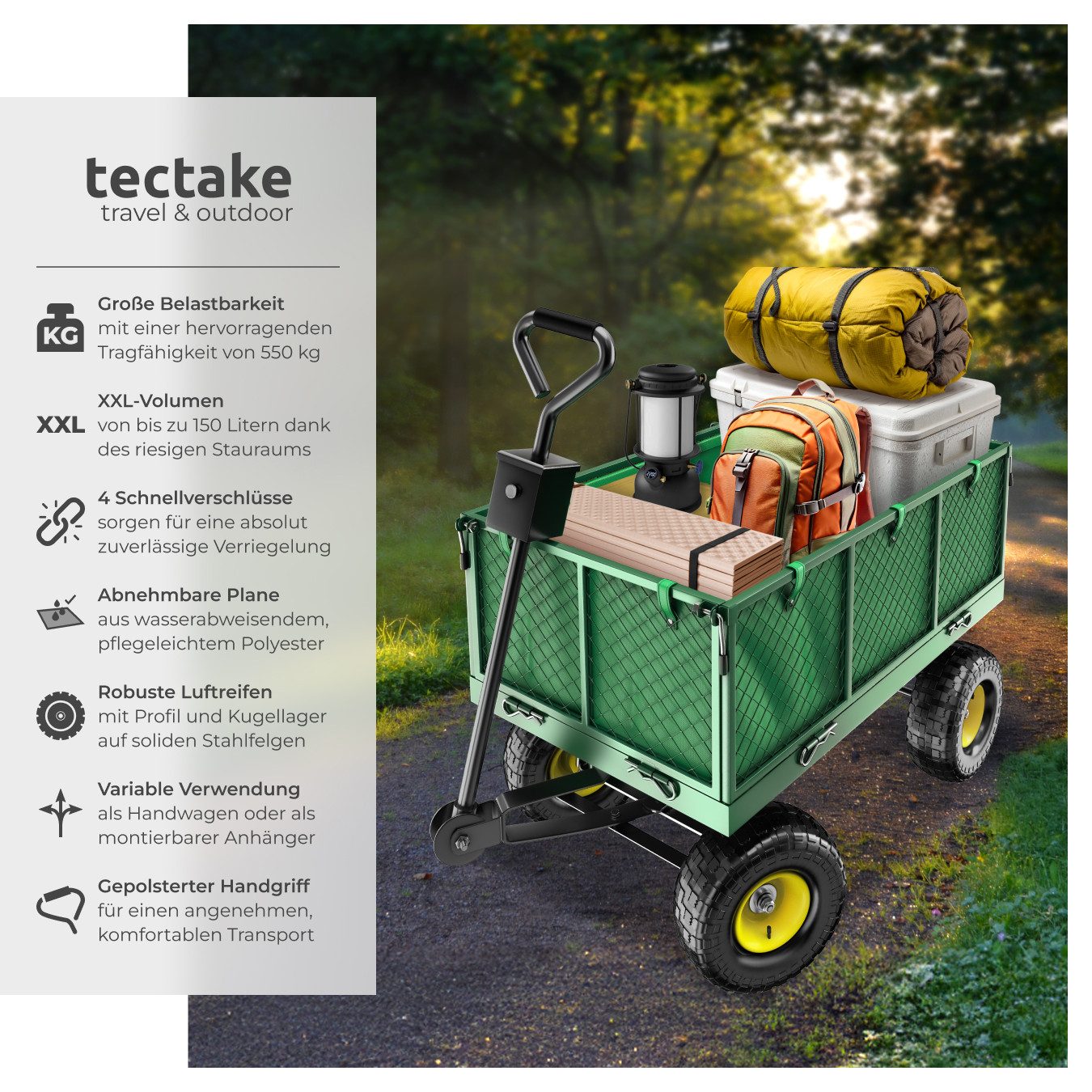 tectake Bollerwagen Handwagen mit Ablage max. 550kg mit klappbaren Seitenwänden (1 Transportwagen, 1-tlg., 150L Volumen in Grün), Luftreifen, leichtgängige Lenkachse mit gepolstertem Griff