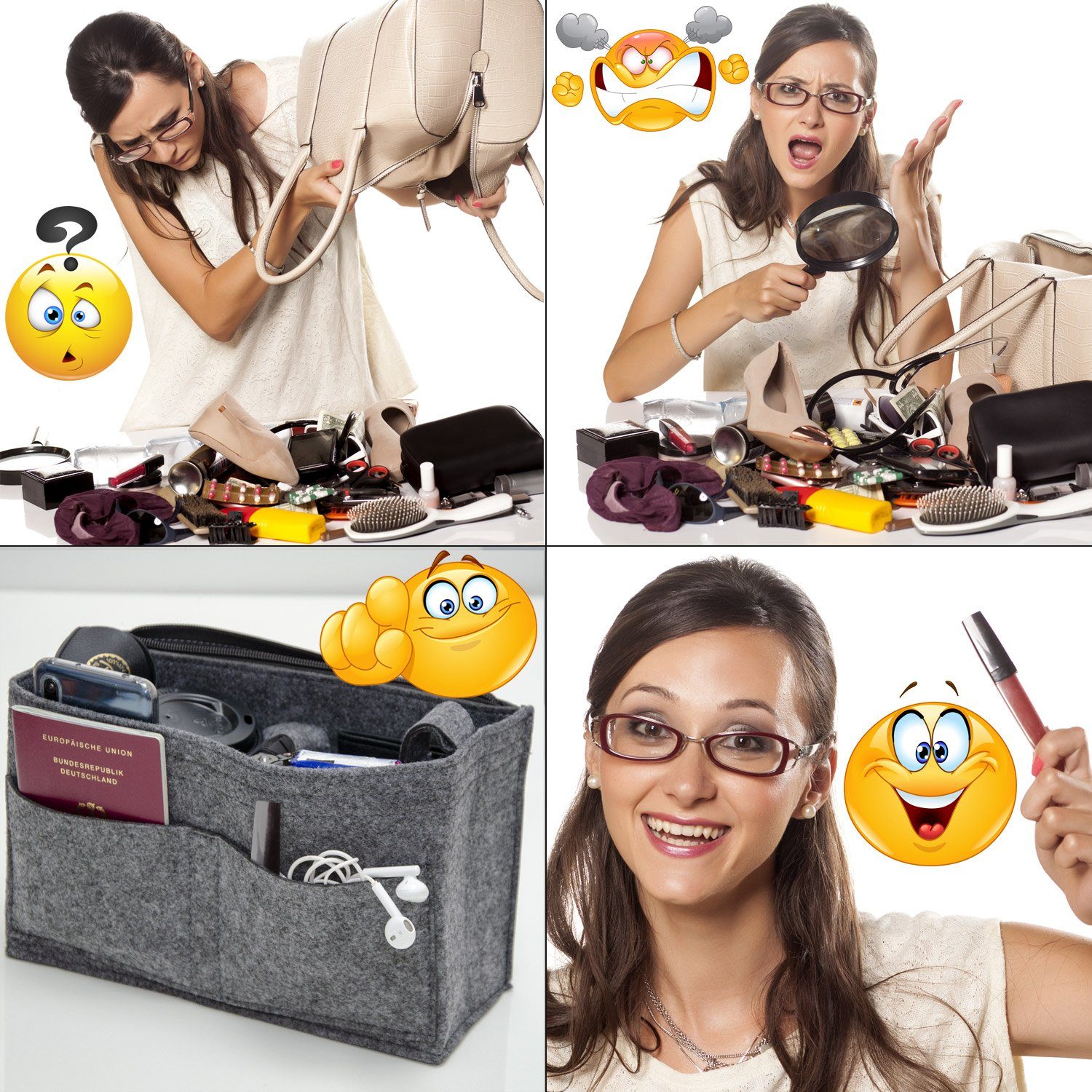 DuneDesign Taschenorganizer S - Filz Handtaschenorganizer mit Fächern für Handtasche und Rucksack, 23 x 10 x 16 cm Taschen Organizer - Innentasche für Damen Handtaschen