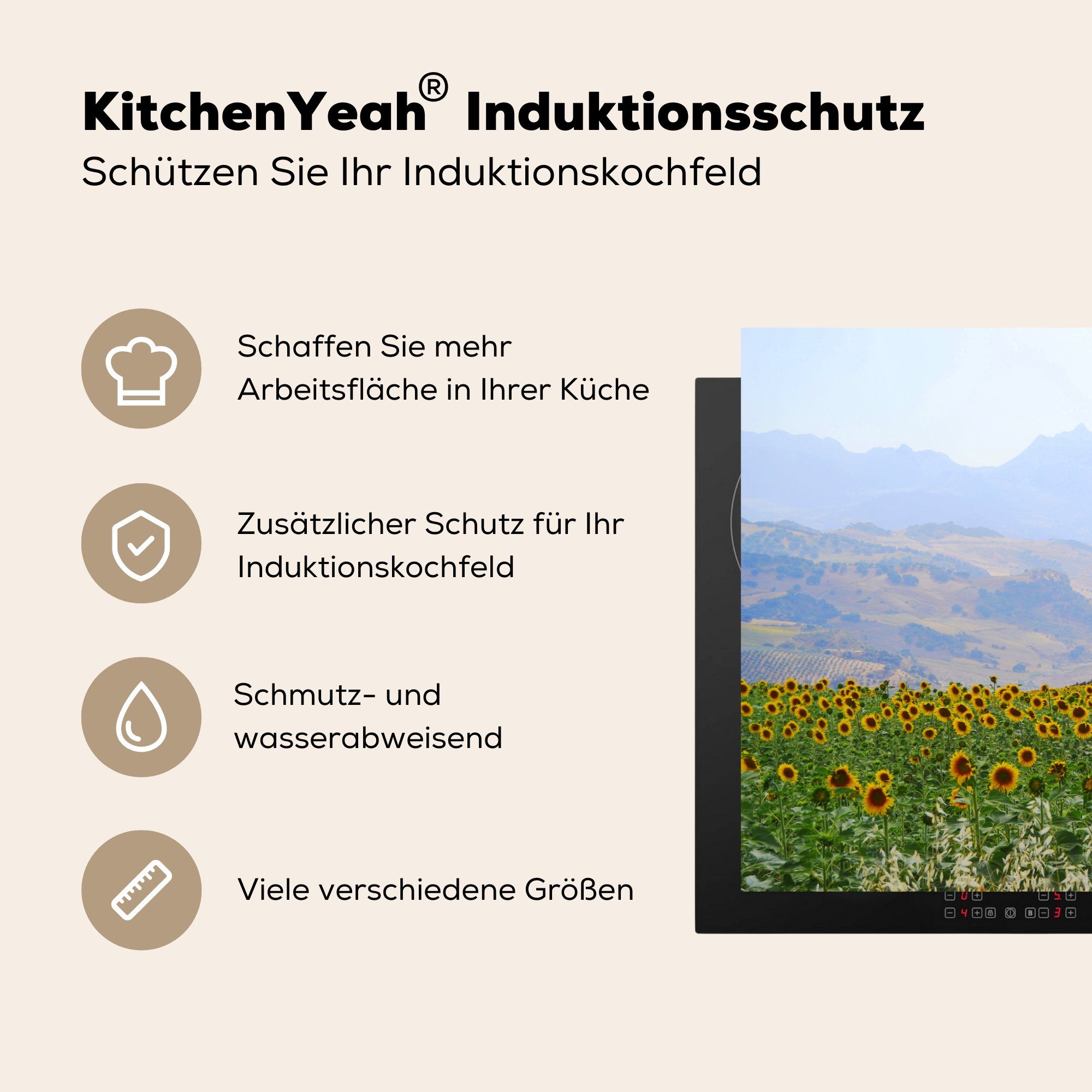MuchoWow Herdblende-/Abdeckplatte Sonnenblumen in Andalusien, Induktionskochfeld Schutz Vinyl, für die Ceranfeldabdeckung cm, 81x52 küche, tlg), (1
