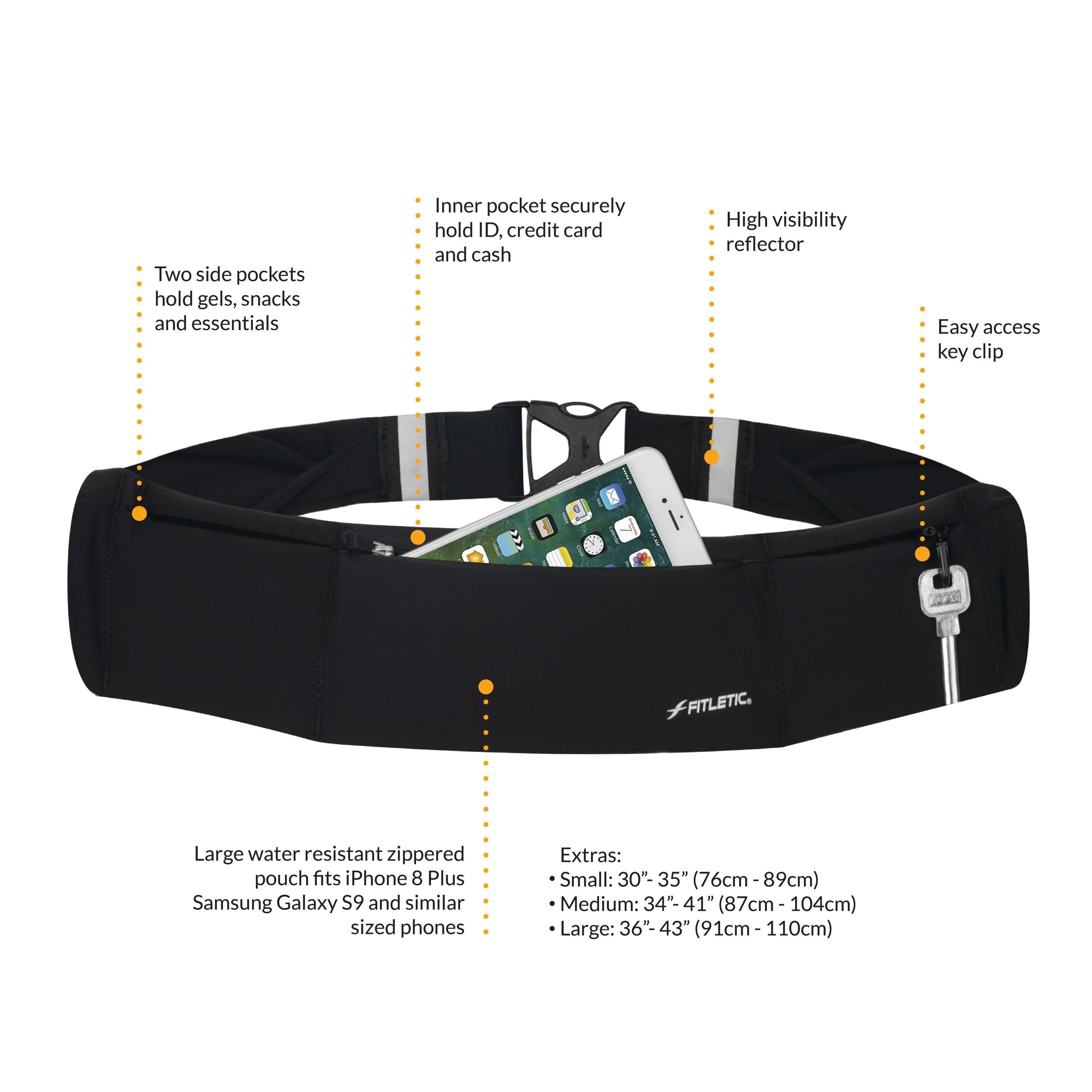 mehr Schwarz für Smartphone Laufausrüstung Taschen Laufgürtel „360“ mit Fitletic Laufgürtel 3 und dein Premium
