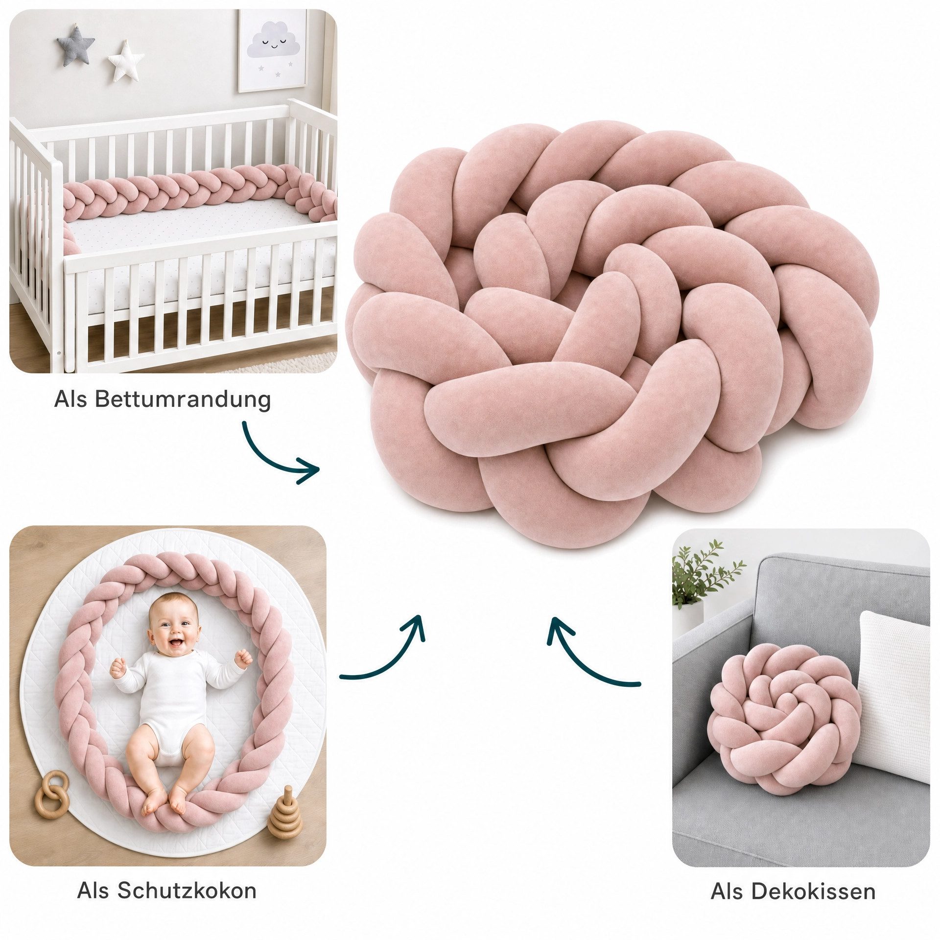 LuMali Nestchenschlange Bettschlange geflochten 210cm Nestchen Bettumrandung Babybett Zopf, Stillkissen Seitenschläfer Velour weich hypoallergen Pastellfarben