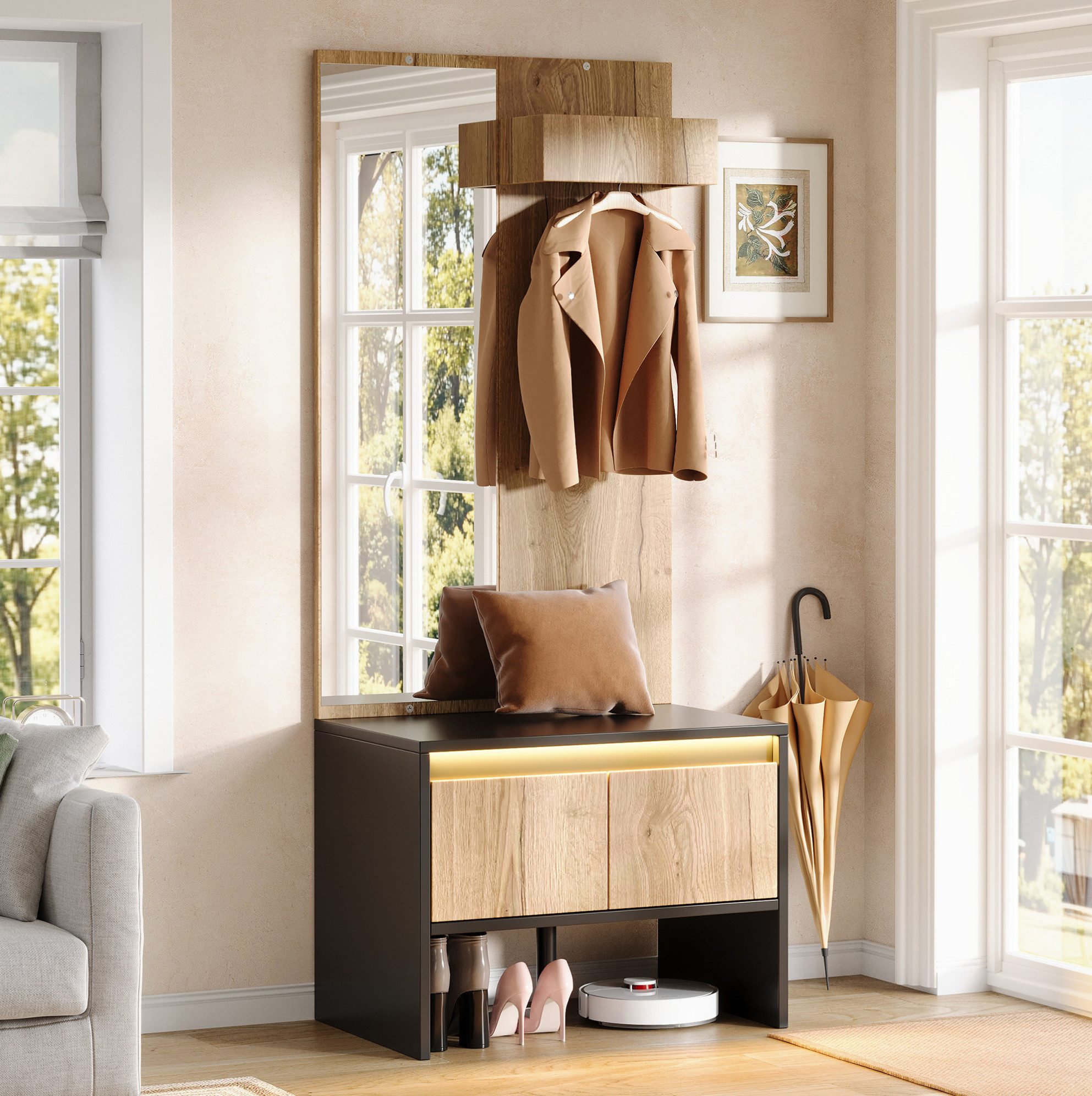 REDOM Garderobenschrank Garderoben-Set mit Stauraum, Garderobenmöbel mit Spiegel (Schuhbank und Kleiderhaken, inklusive Kleiderständer und Schubladen, Garderobenständer, Garderobe 60×38×145 cm)