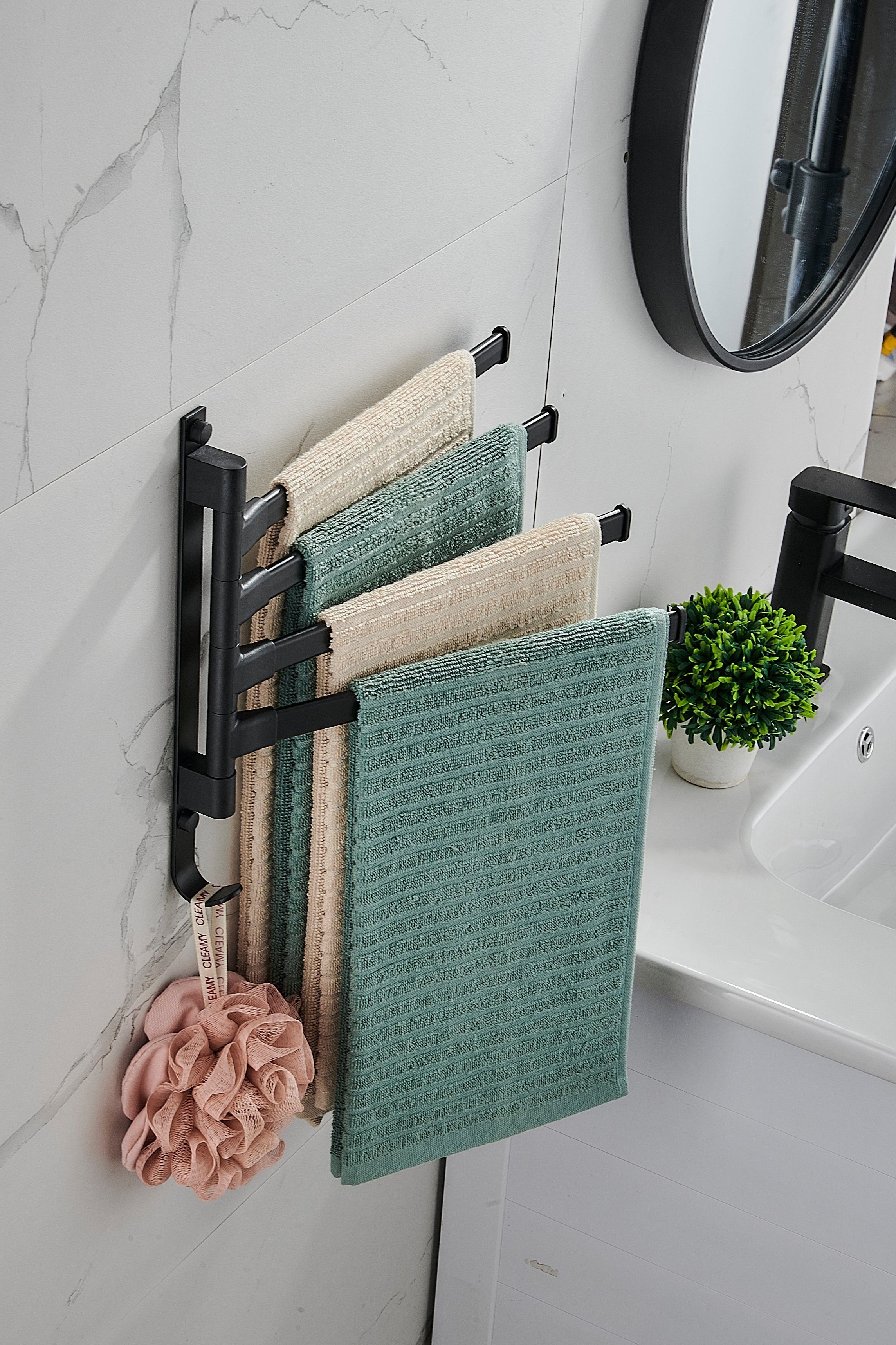 HOMEIDEAS Handtuchhalter, Aluminium Towel Mit Handtuchhalter Haken Schwarz-Vier Handtuchhalter Holder