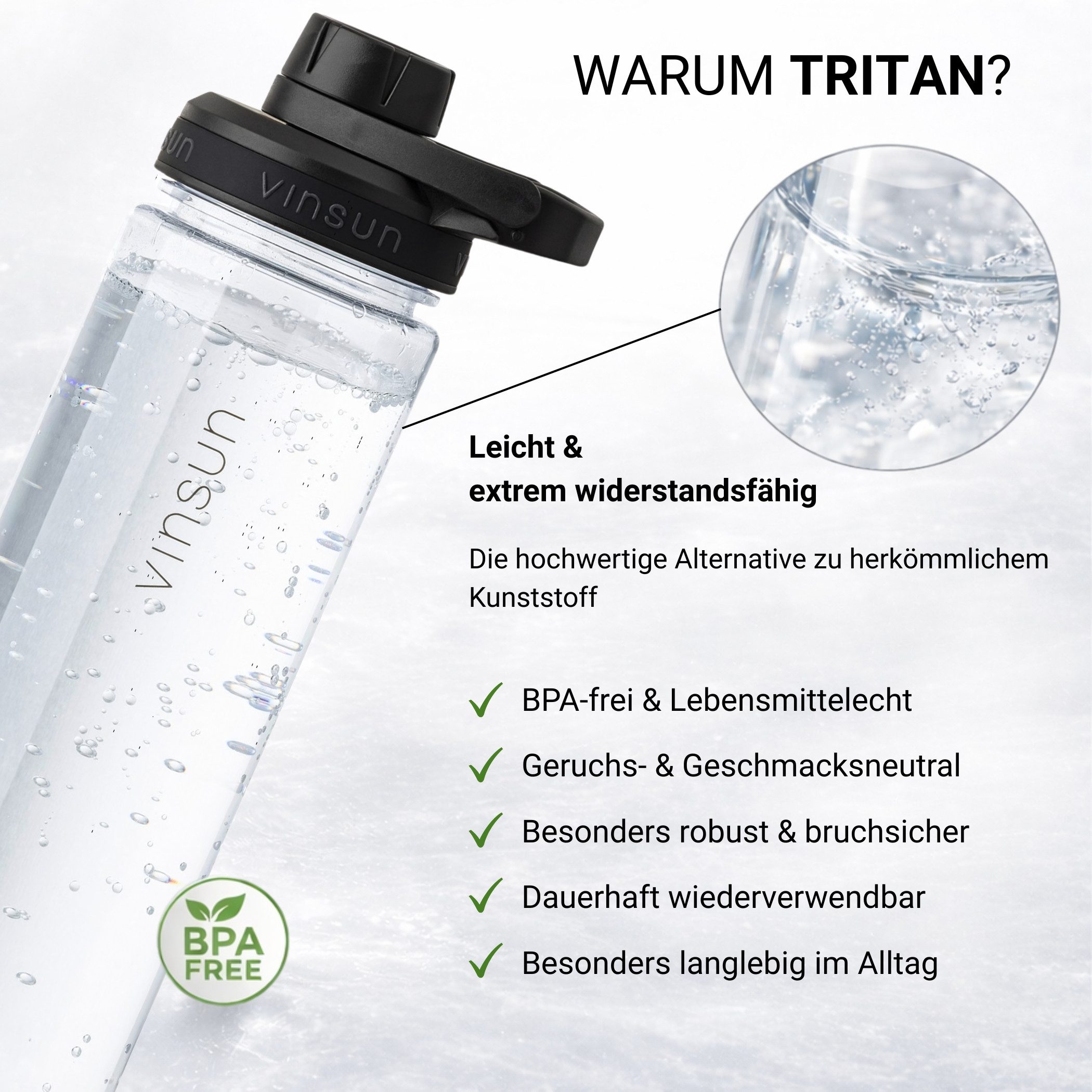 Vinsun Trinkflasche Sportflasche 750ml - Wasserflasche BPA frei & Kohlensäure geeignet, Auslaufsicher, bruchsicher, wiederverwendbar, leicht, Tritan Flasche – Bild 4 von 5