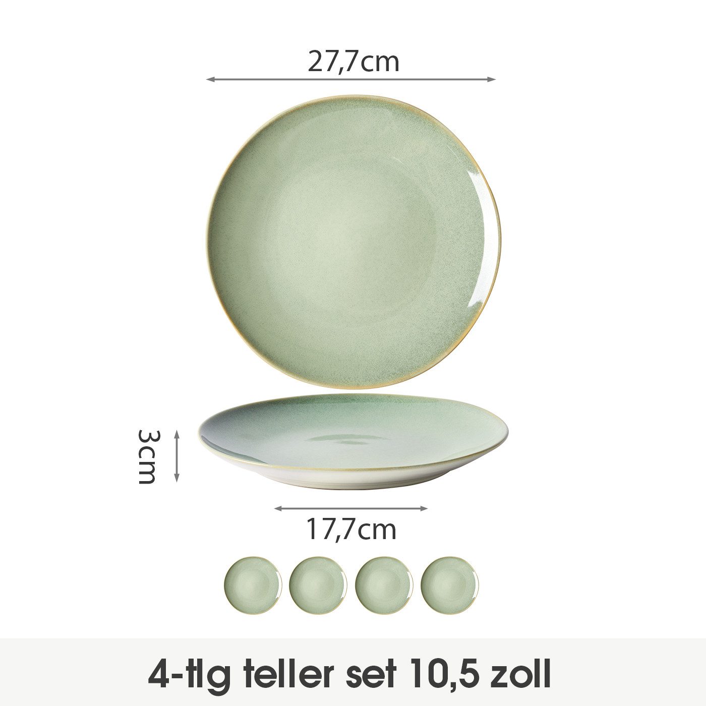 JIWOO Teller 4er Ø27,7cm, Speiseteller Steakteller Pastateller Dessertteller, (4 St), Keramik Hochwertiges Tellerset Grün Mikrowellenofen Spülmaschine