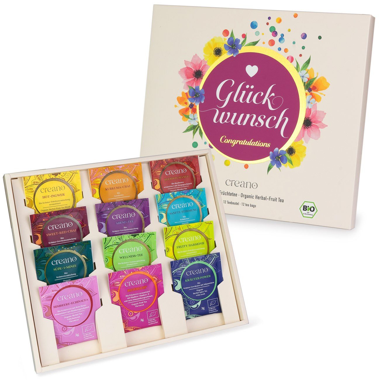 Creano Tee Creano Bio Kräutertee Geschenkset - 12x Bio-Teebeutel 24g* Glückwunsch, 1 x 12 St.